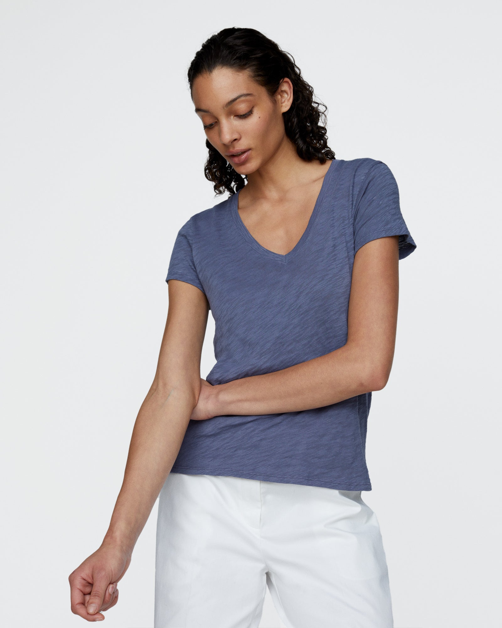 Slub Jersey Schoolboy V-Neck Tee - Dusk Blue