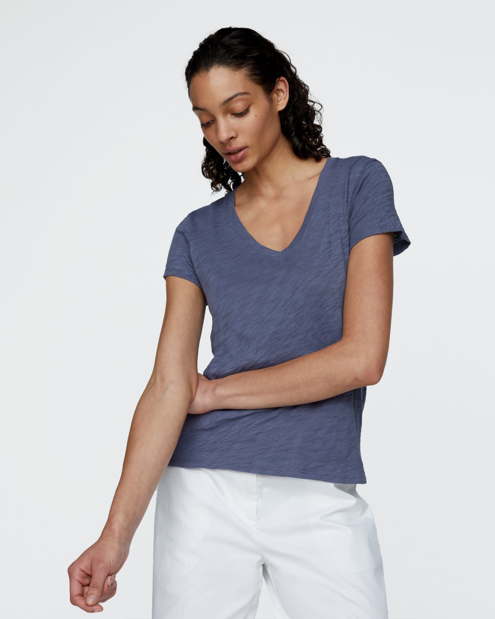Slub Jersey Schoolboy V-Neck Tee - Dusk Blue