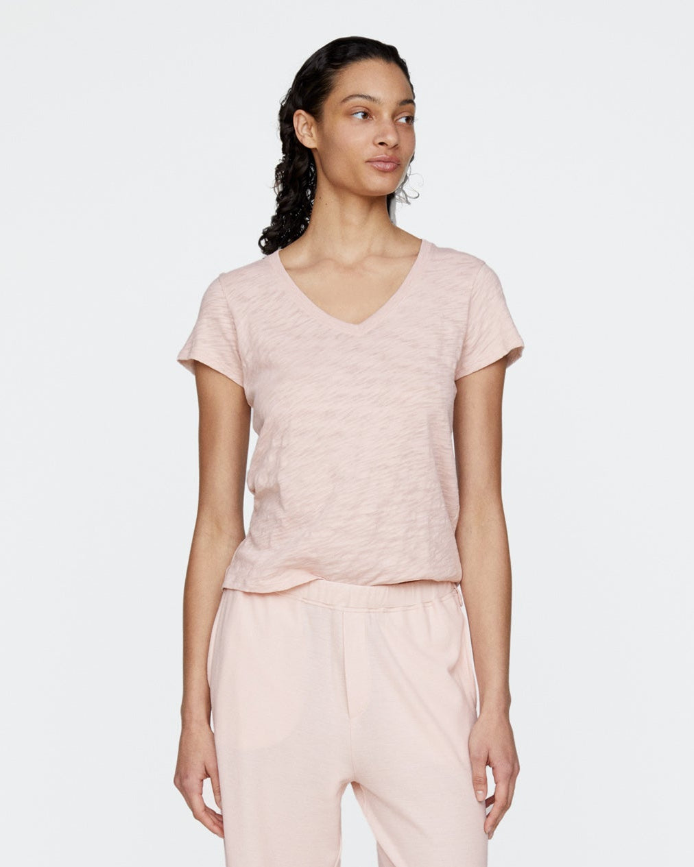 Slub Jersey Schoolboy V-Neck Tee - Faded Rose