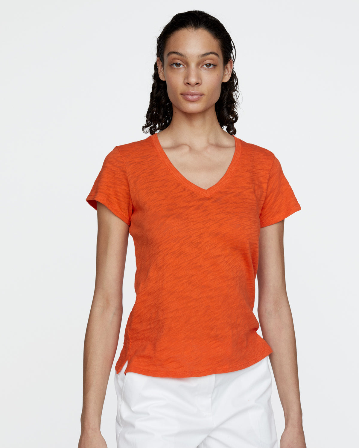 Slub Jersey Schoolboy V-Neck Tee - Tomato