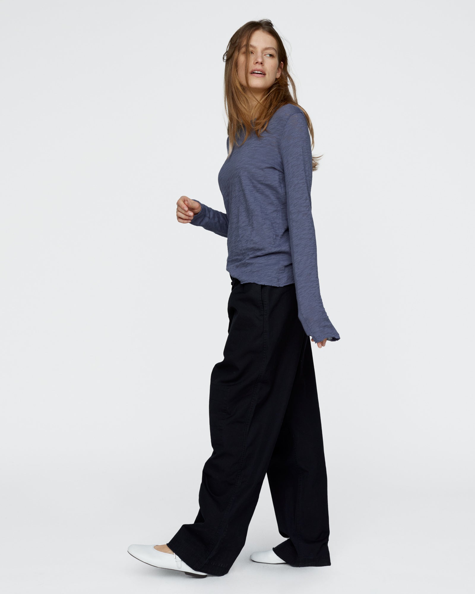 Slub Jersey Long Sleeve Destroyed Wash Tee - Dusk Blue
