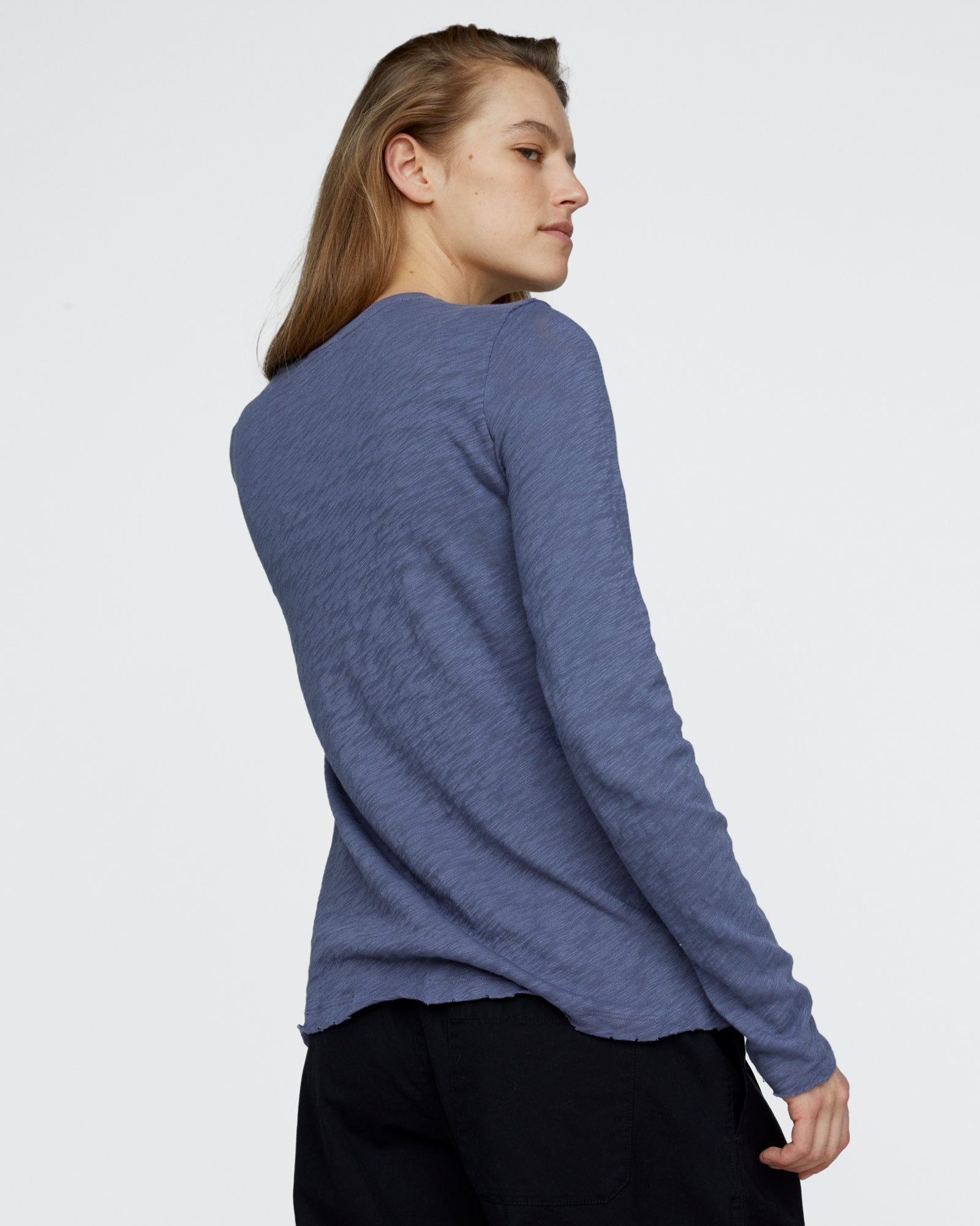 Slub Jersey Long Sleeve Destroyed Wash Tee - Dusk Blue