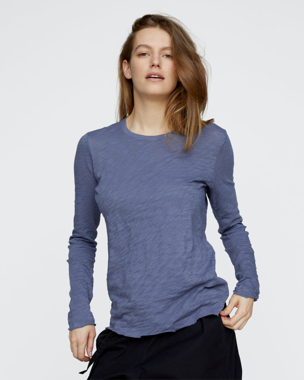 Slub Jersey Long Sleeve Destroyed Wash Tee - Dusk Blue