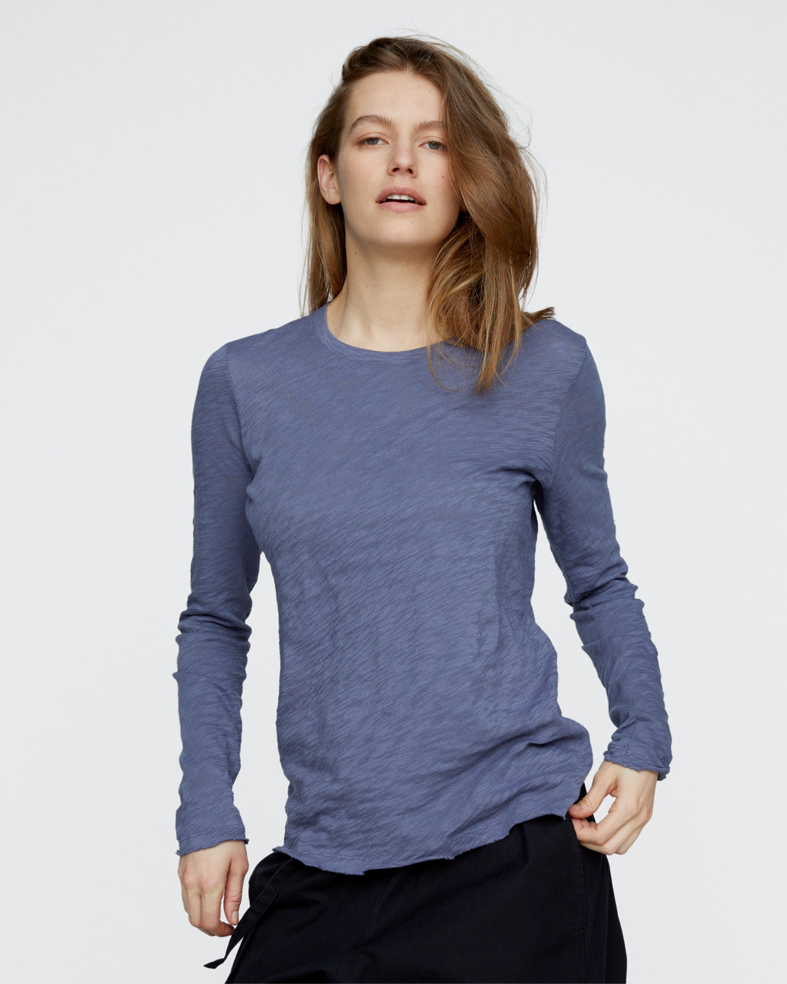 Slub Jersey Long Sleeve Destroyed Wash Tee - Dusk Blue