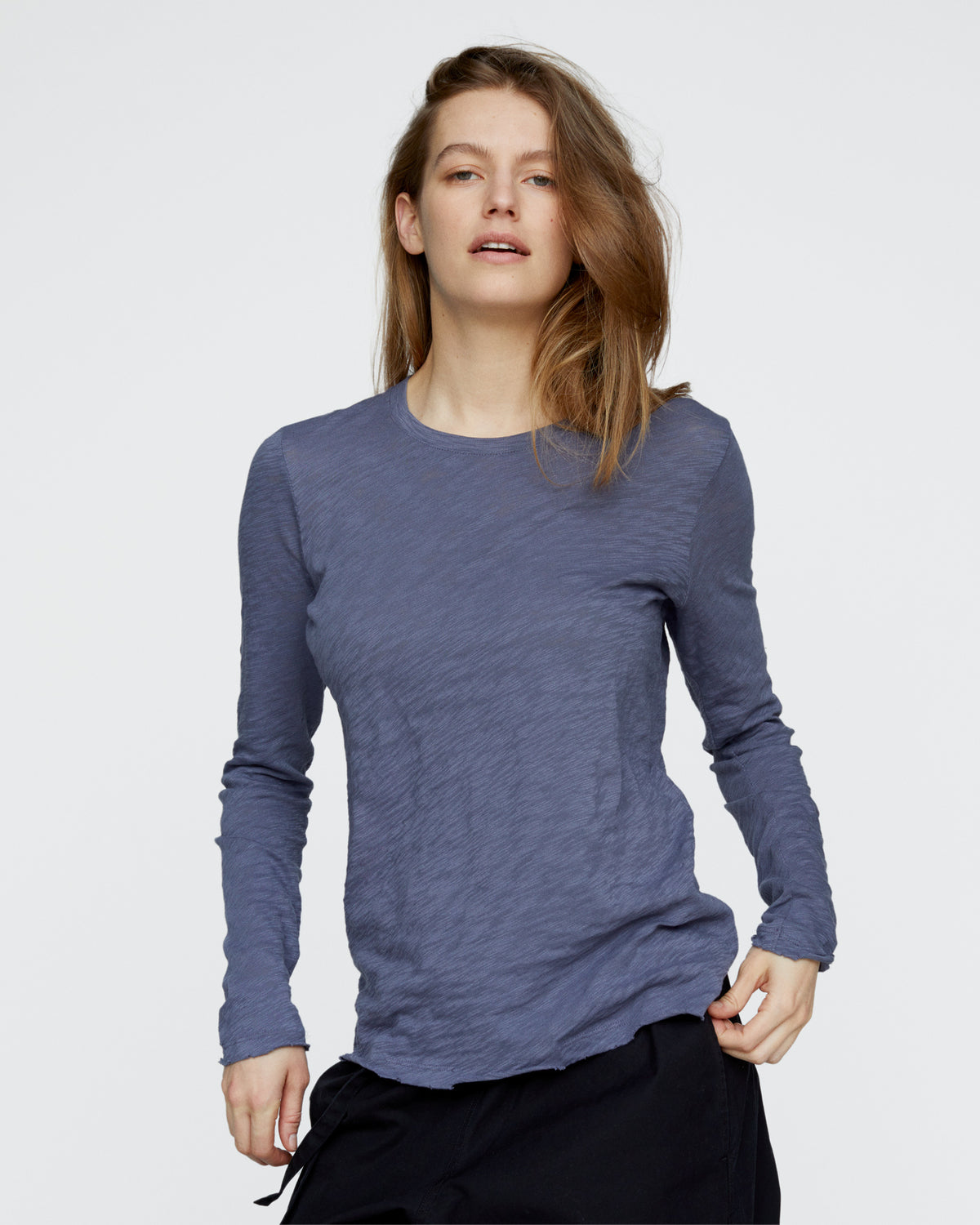 Slub Jersey Long Sleeve Destroyed Wash Tee - Dusk Blue