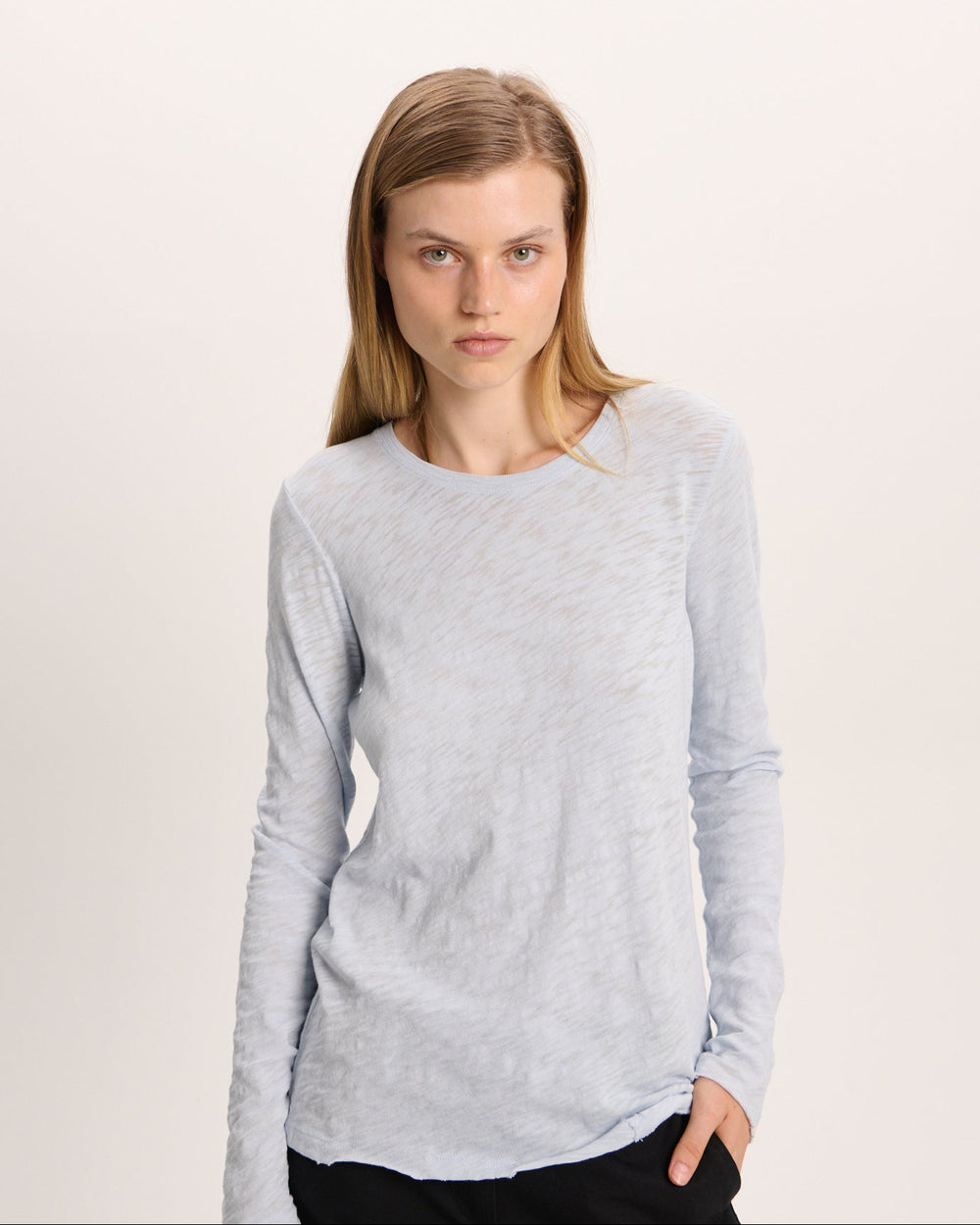 Slub Jersey Long Sleeve Destroyed Wash Tee - Pale Blue