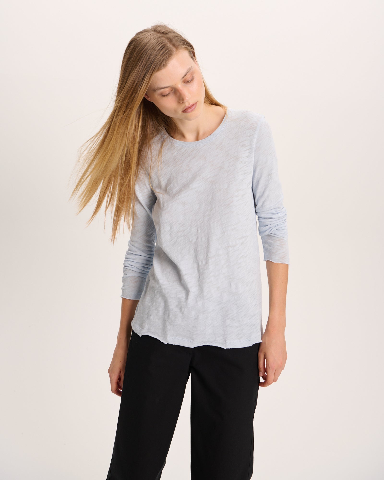 Slub Jersey Long Sleeve Destroyed Wash Tee - Pale Blue