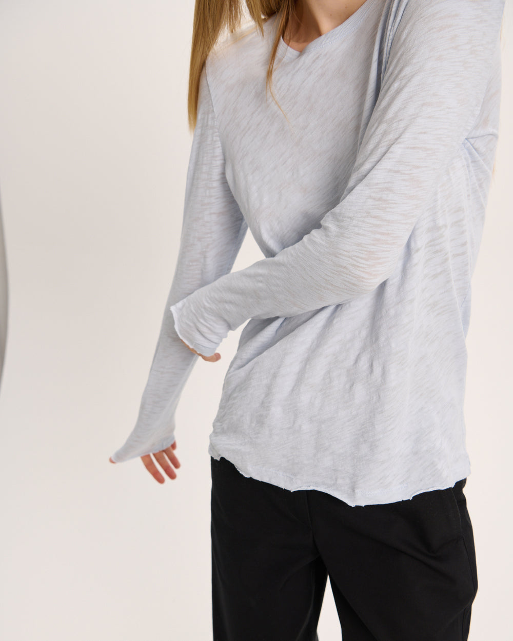 Slub Jersey Long Sleeve Destroyed Wash Tee - Pale Blue