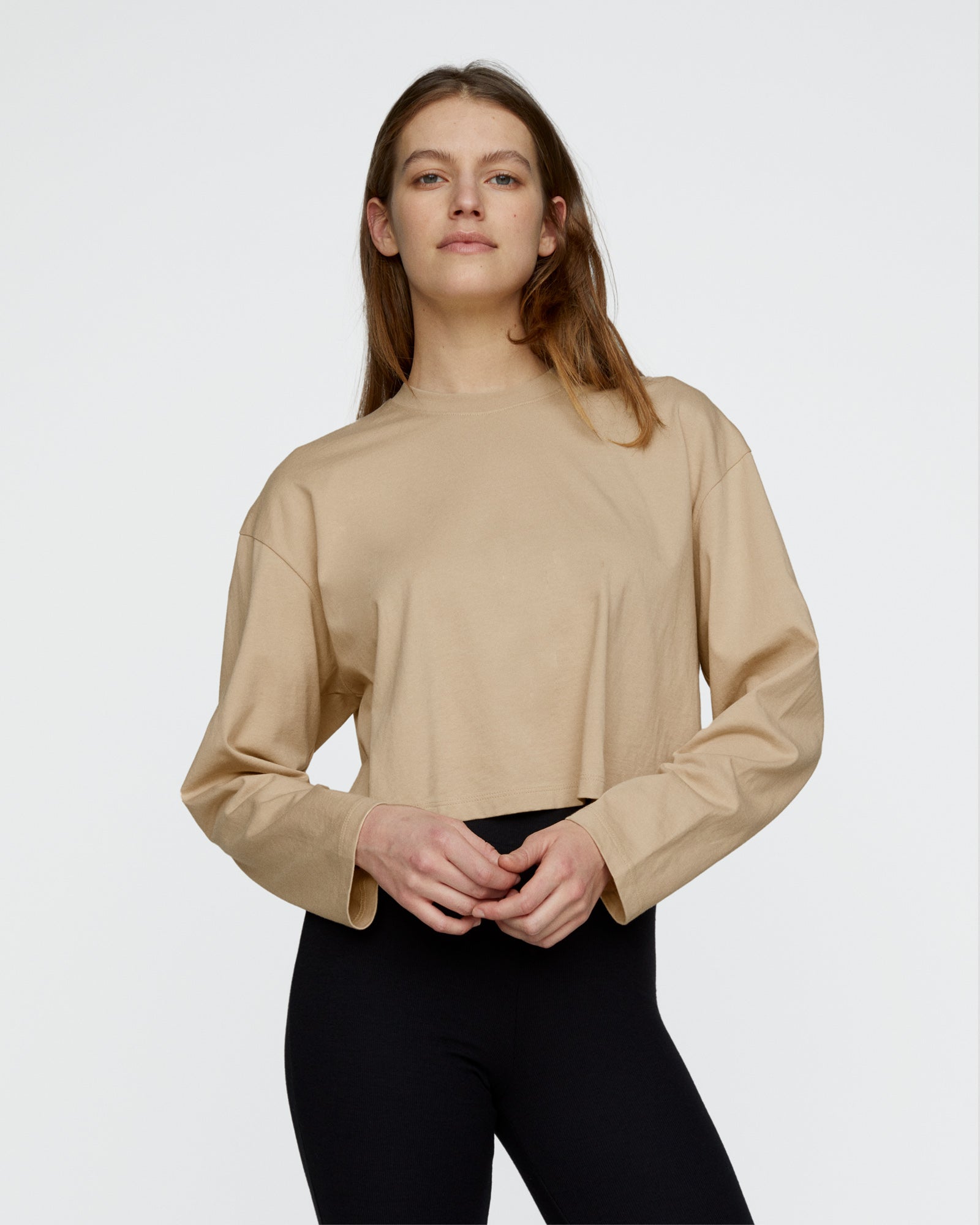 Heavyweight Jersey Long Sleeve Cropped Boxy Tee - Macadamia