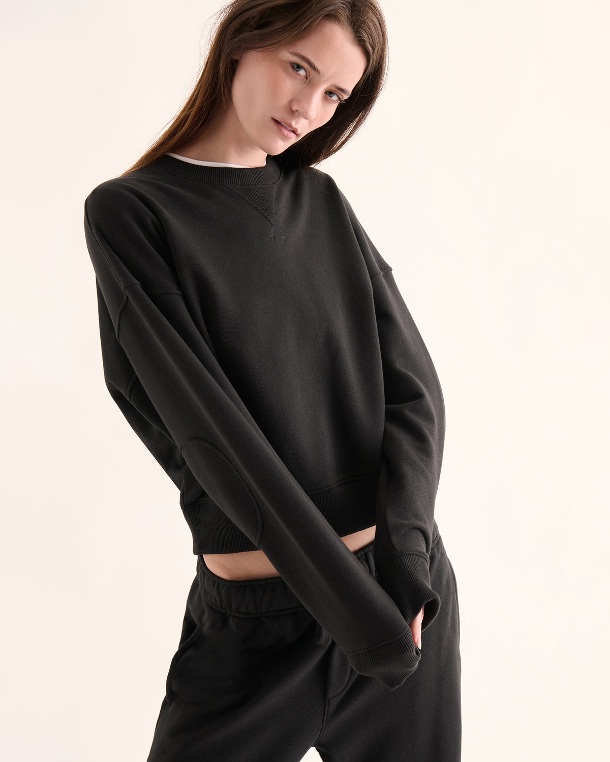 French Terry Cheer Crew Neck Sweatshirt - Black