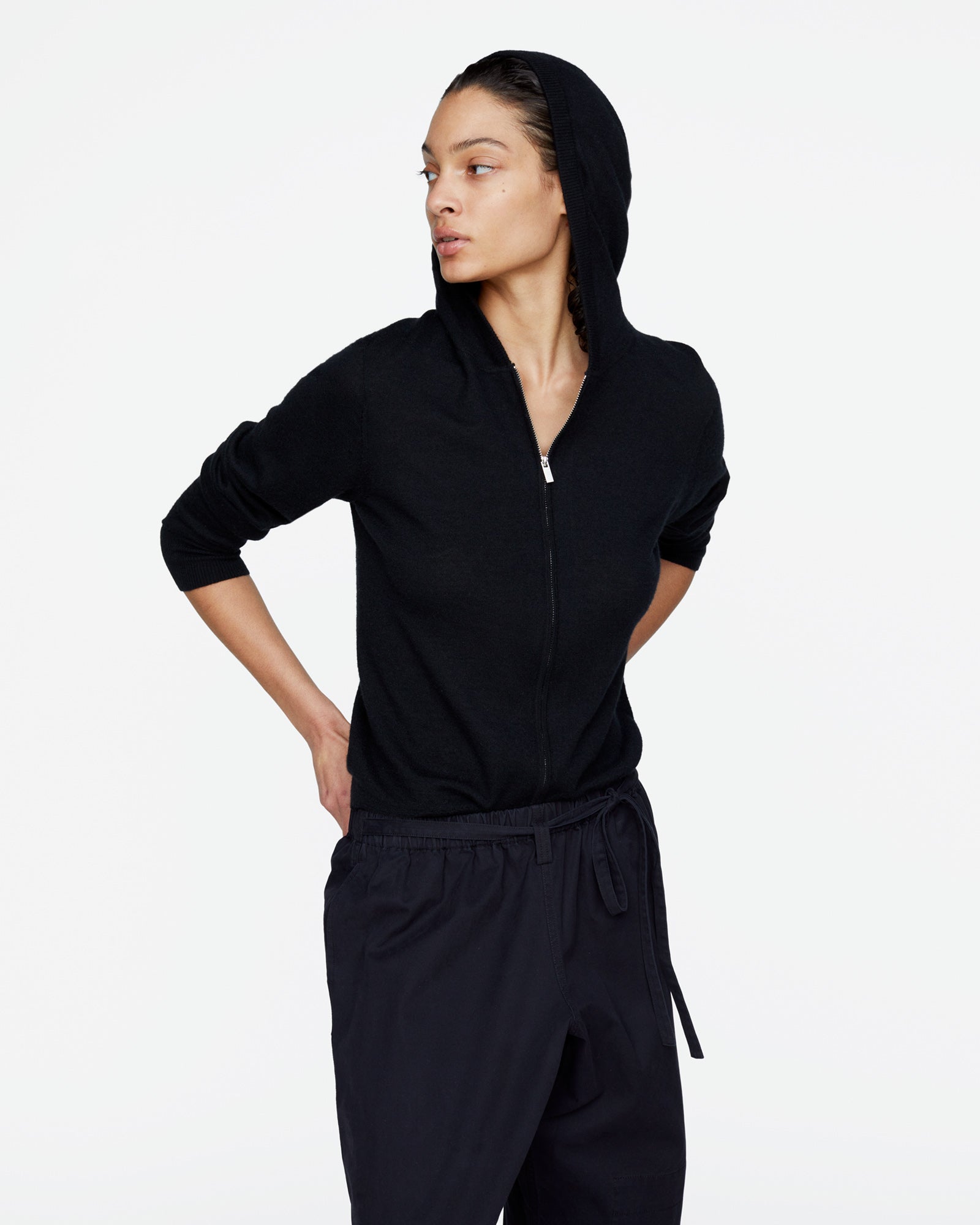 Cashmere Zip-Up Hoodie - Black