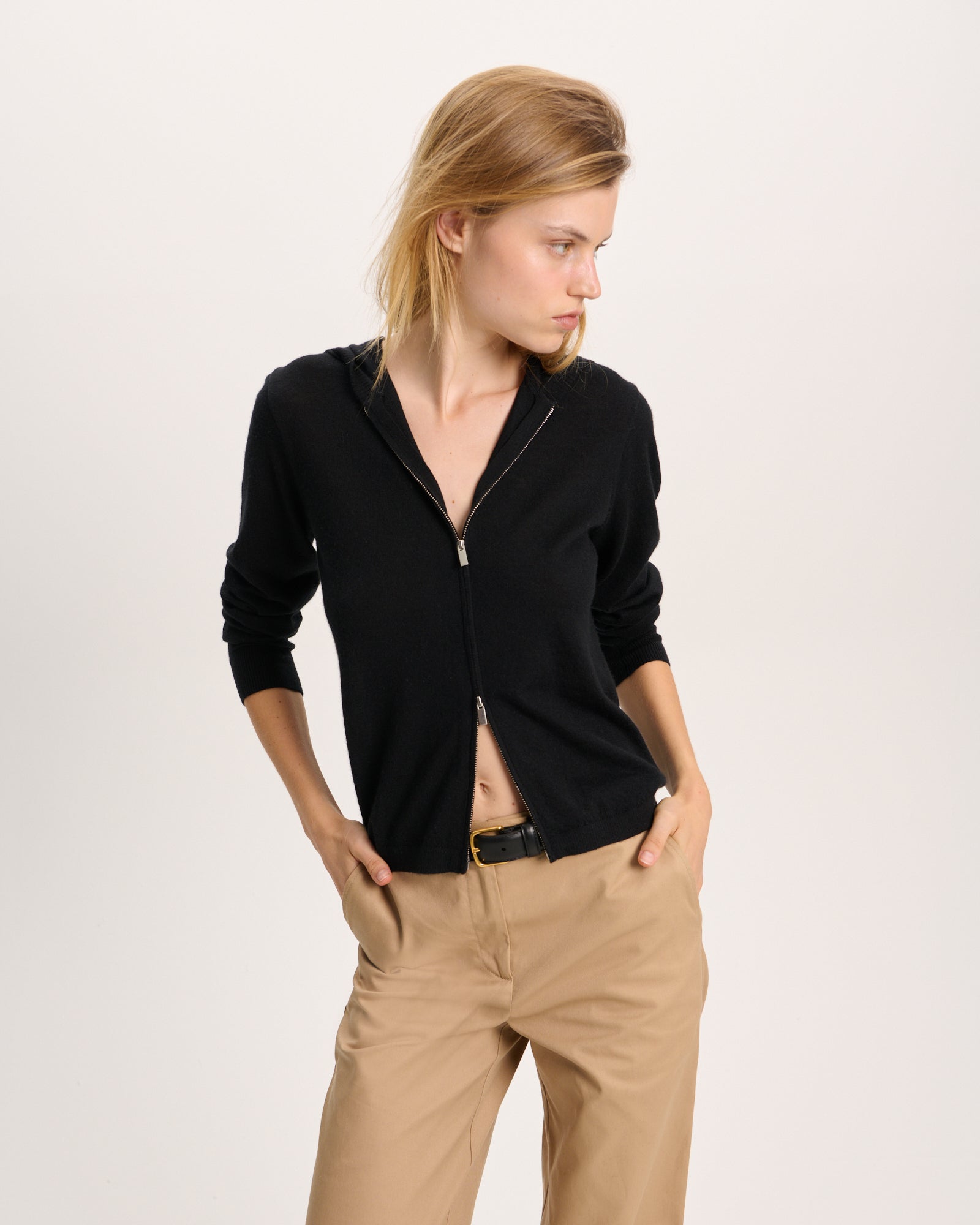 Cashmere Zip-Up Hoodie - Black