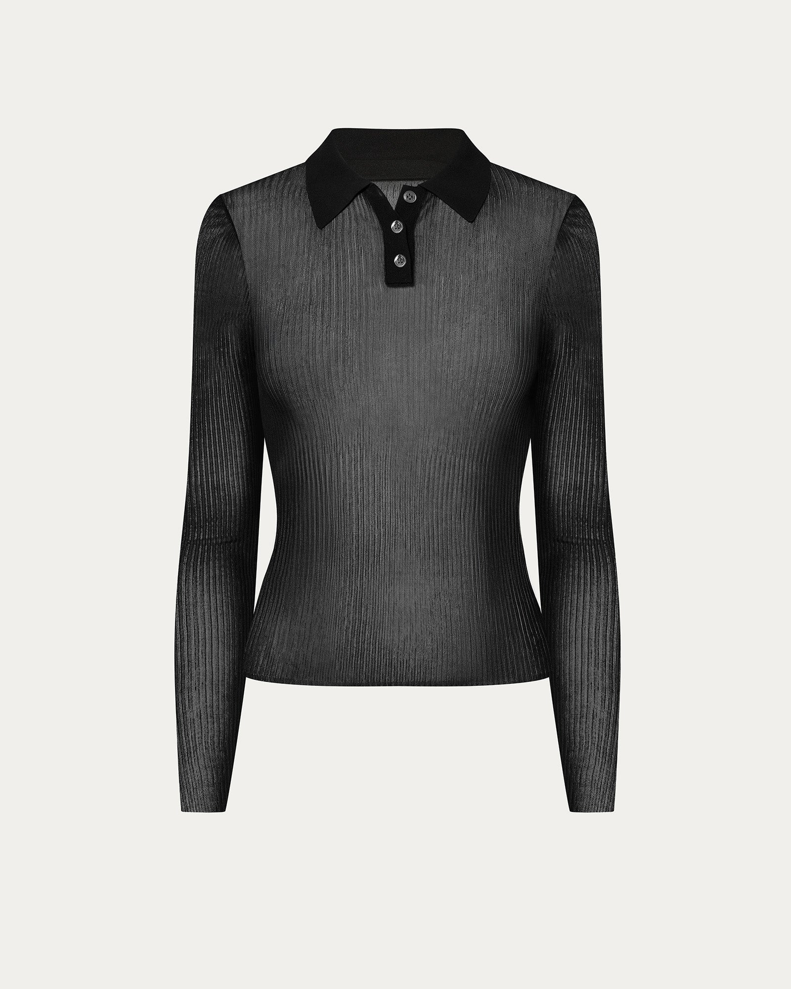 Ribbed Long Sleeve Polo - Black