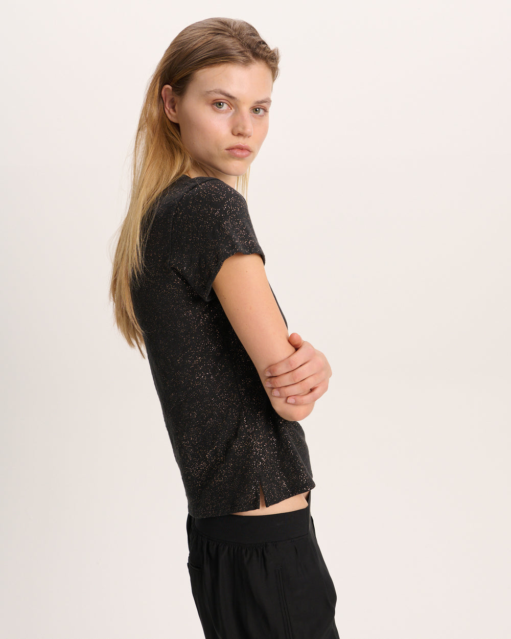 Slub Jersey Foil Schoolboy Crew Neck Tee - Black Gold