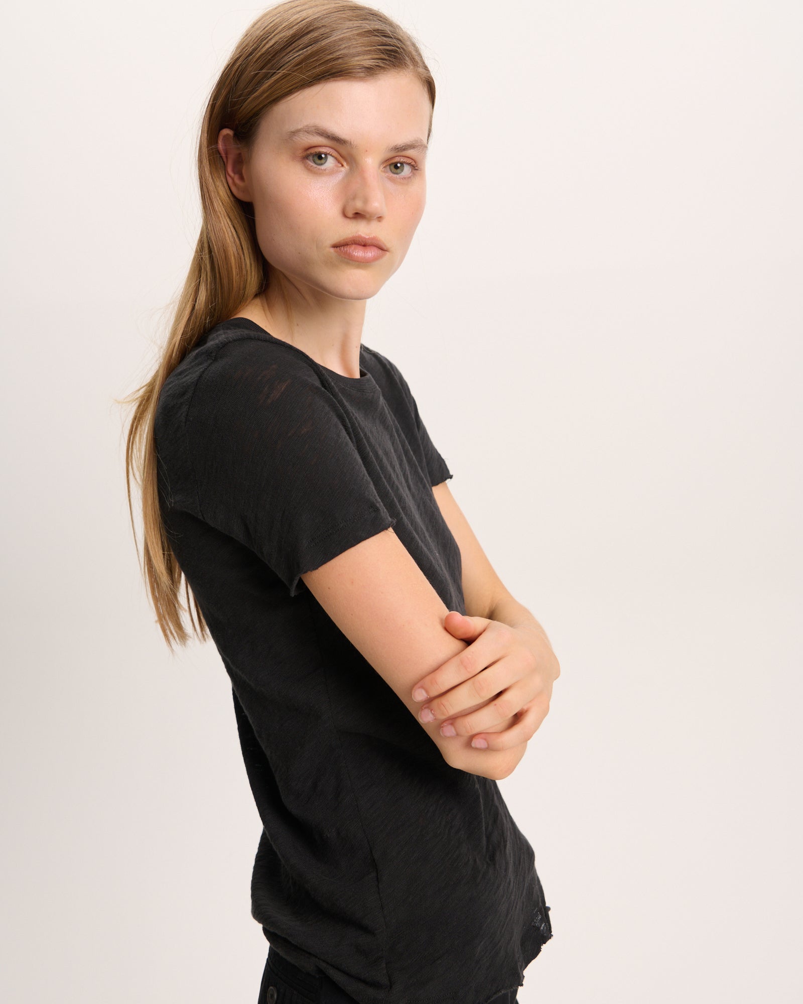 Slub Jersey Destroyed Crew Neck Tee - Black