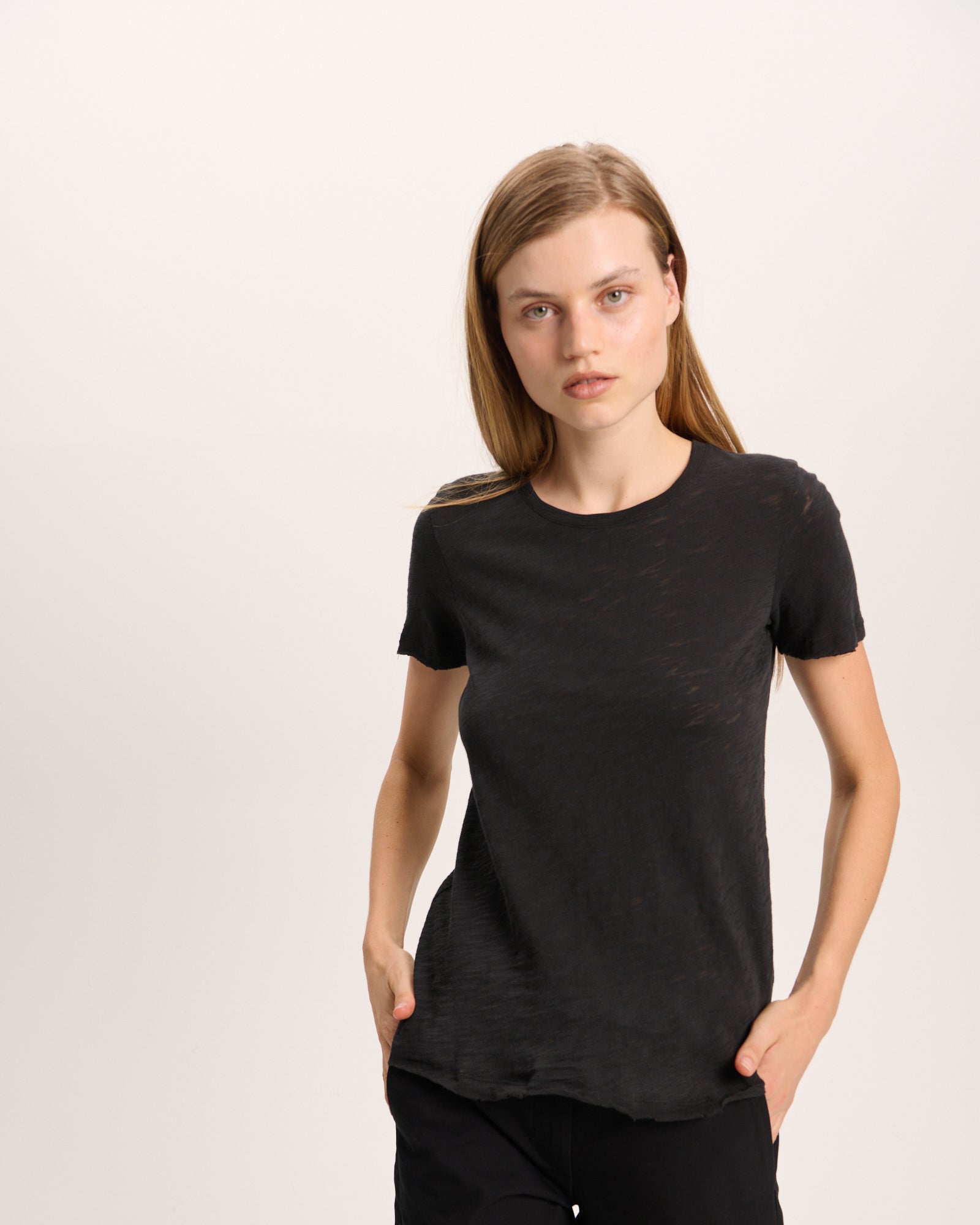 Slub Jersey Destroyed Crew Neck Tee - Black
