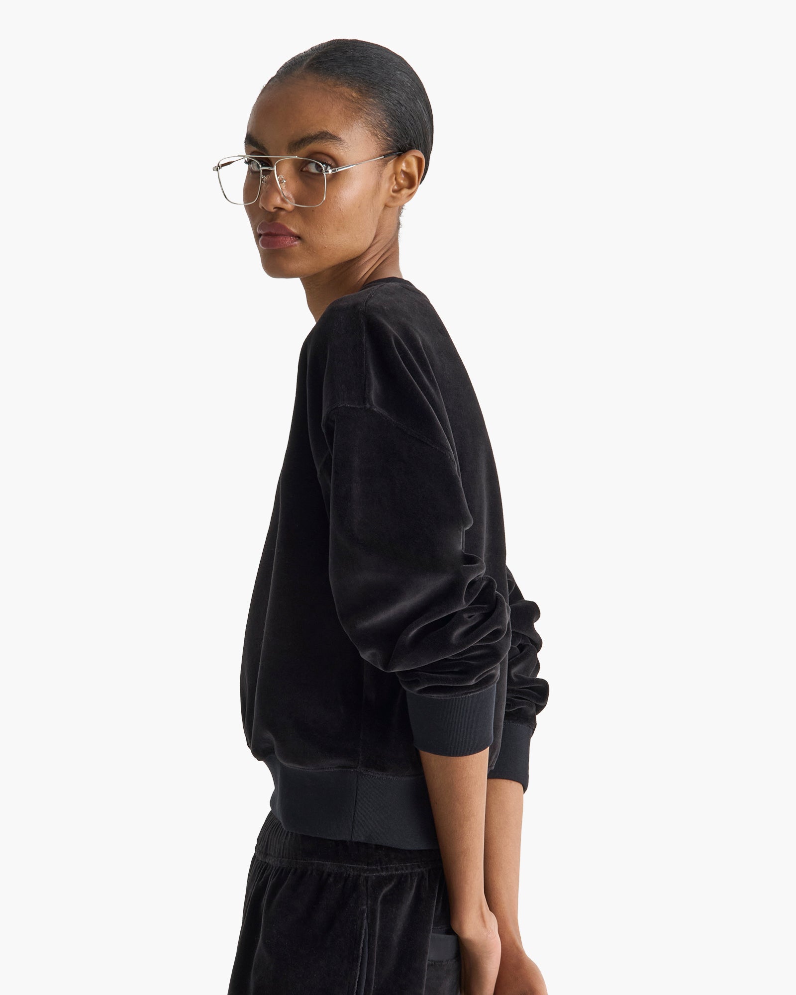 Velour Crew Neck Sweatshirt - Black