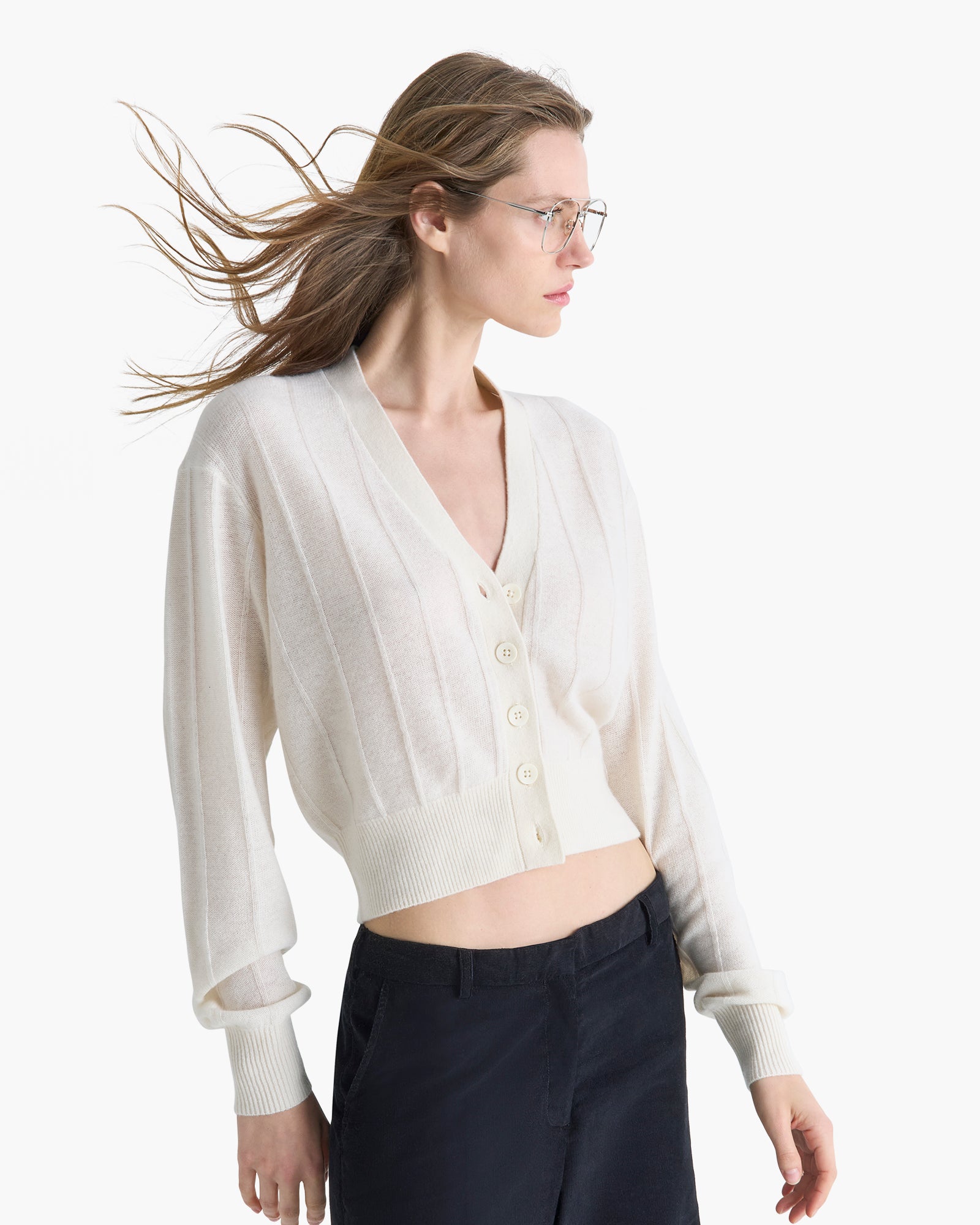 Cashmere Wide Rib Cardigan - Chalk
