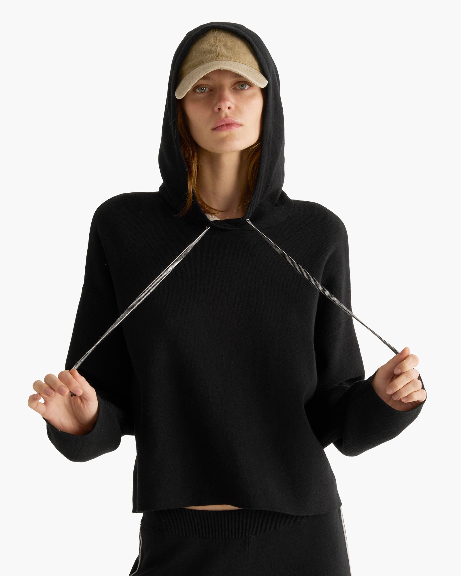 Cotton Cashmere Plaited Oversized Hoodie - Black Silver