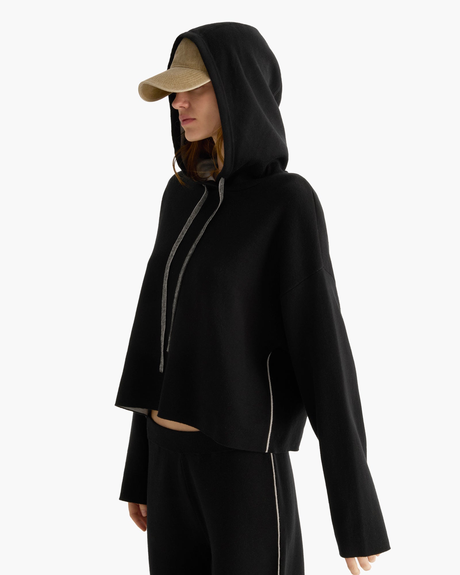 Cotton Cashmere Plaited Oversized Hoodie - Black Silver