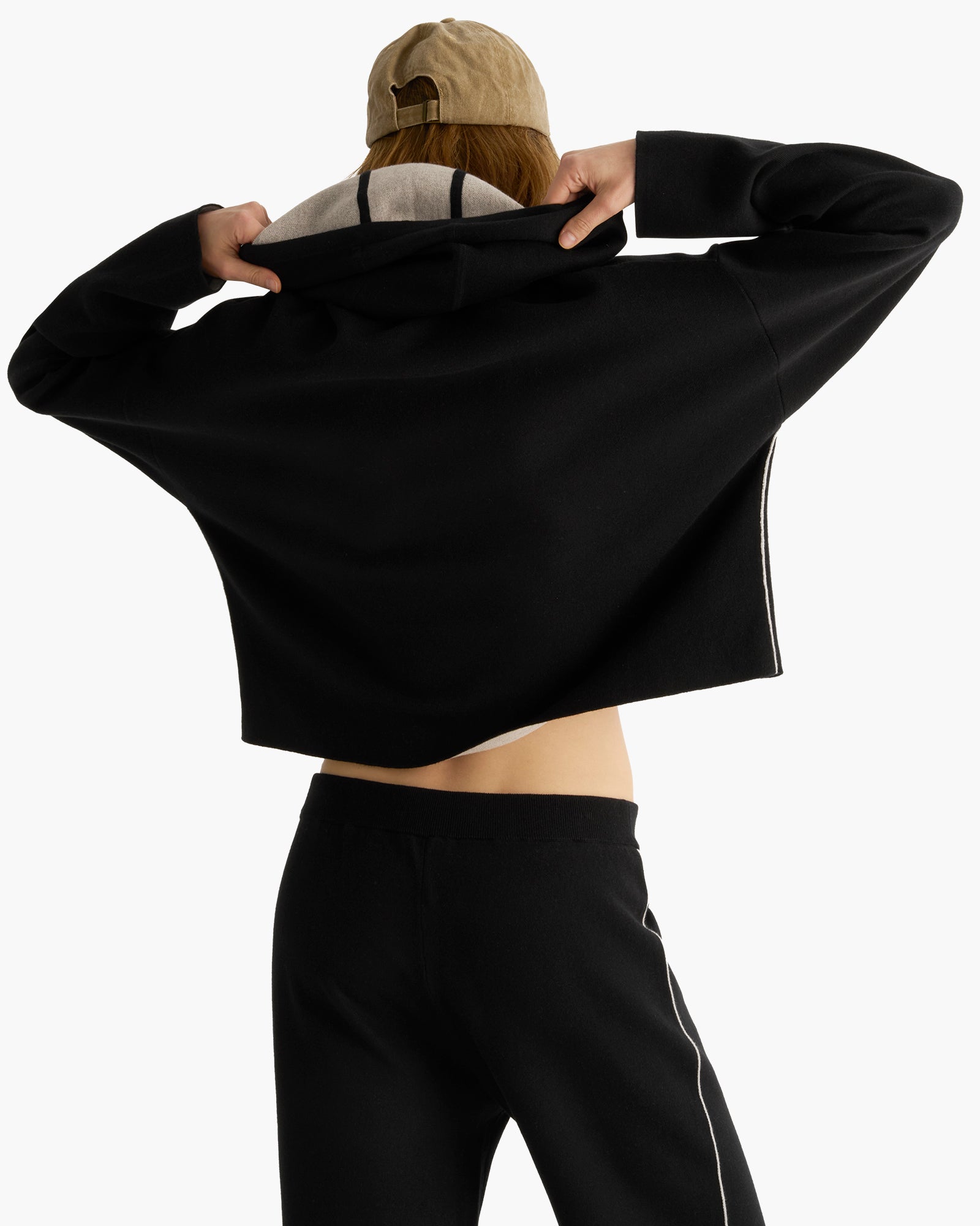 Cotton Cashmere Plaited Oversized Hoodie - Black Silver