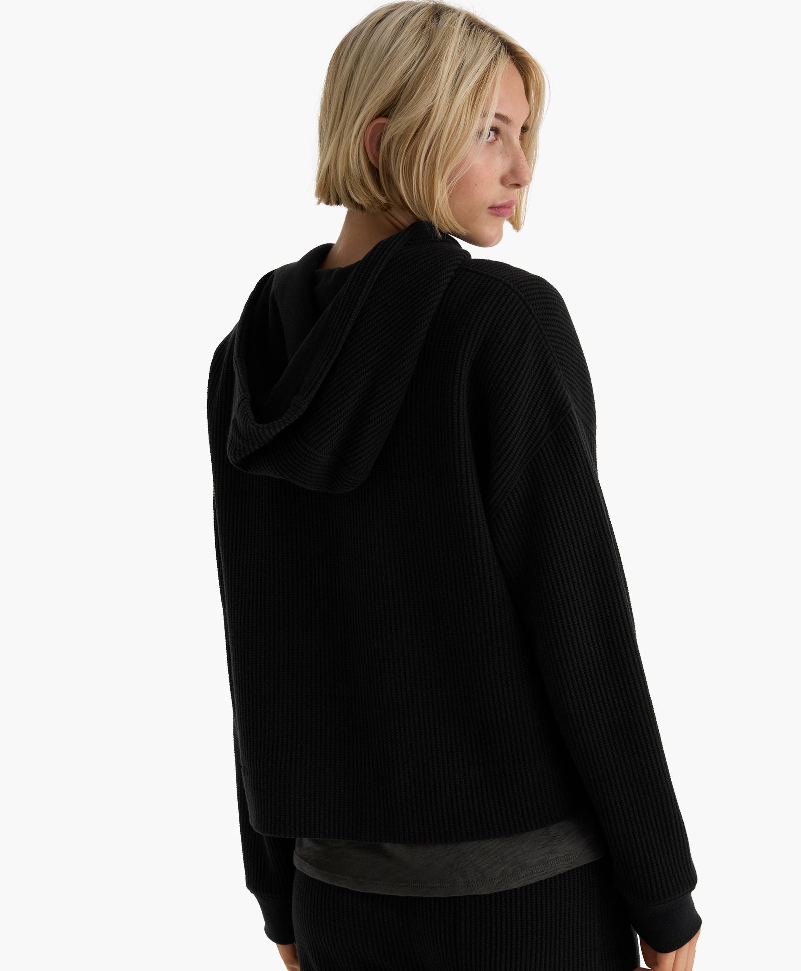 Cotton Waffle Pullover Hoodie - Black