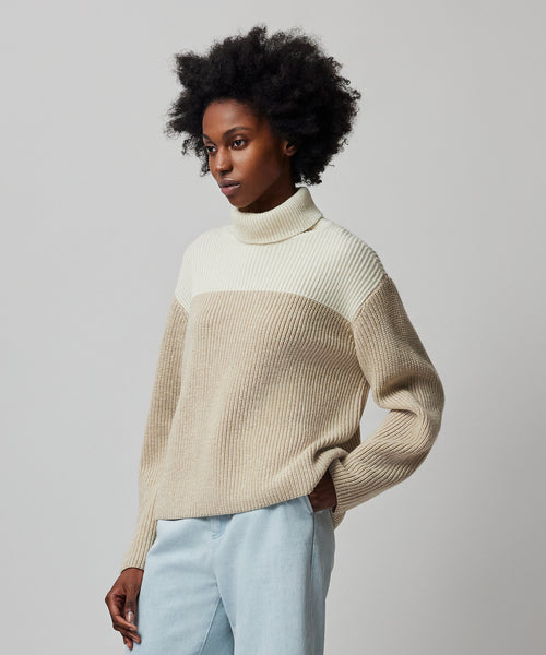ATM Anthony Thomas Melillo Women\'s Wool Blend Colorblock Turtleneck Sweater  - Beige Combo