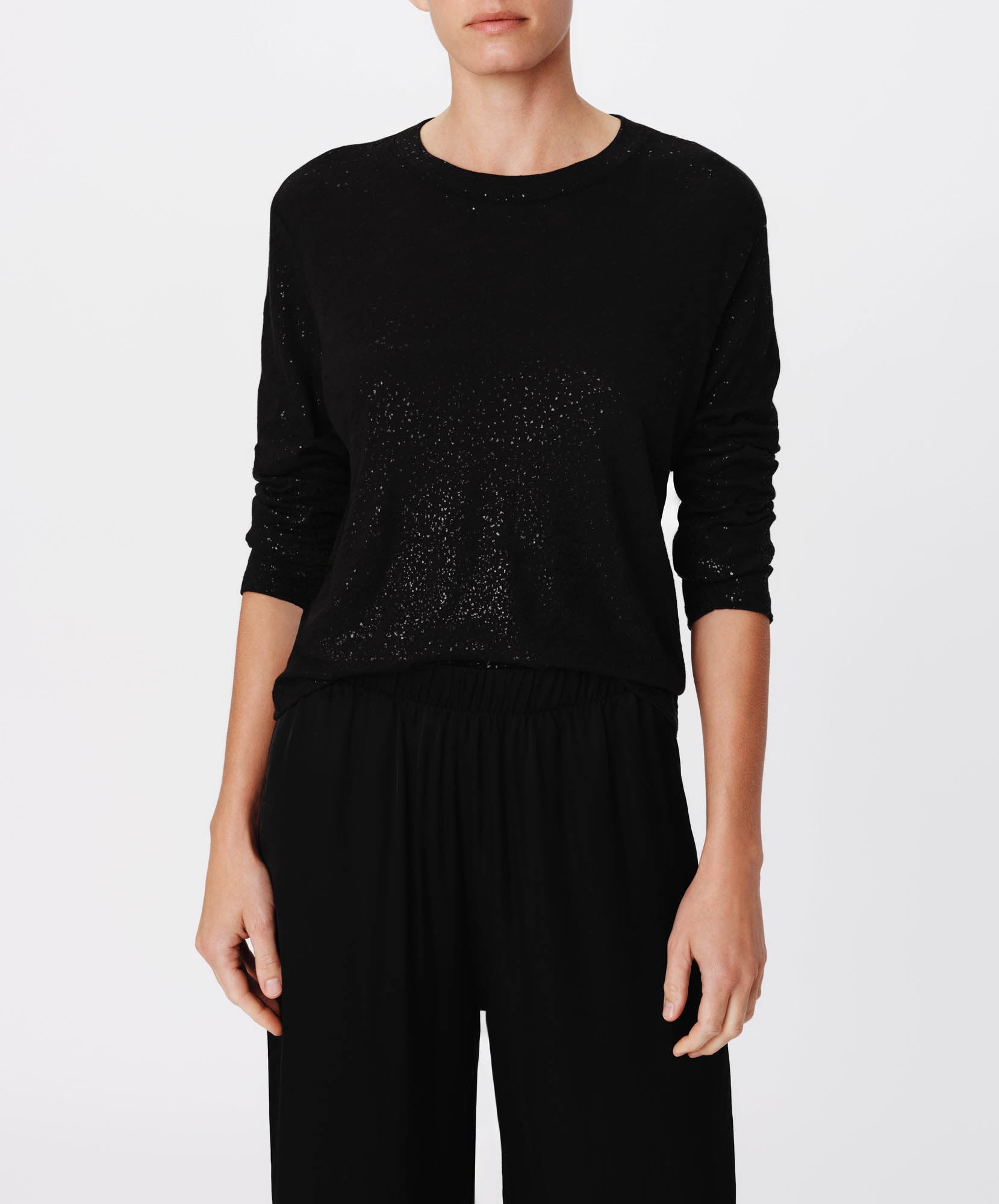 Black-Black Slub Jersey with Foil Long Sleeve Crop Tee |  Women's Cotton Long Sleeve Tee by ATM Anthony Thomas Melillo