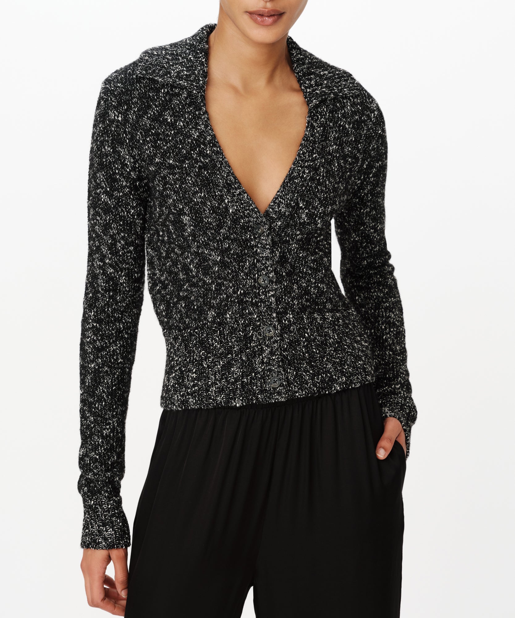 Black Marl Cotton Blend Collared Cardigan. |  Women's Sweater by ATM Anthony Thomas Melillo