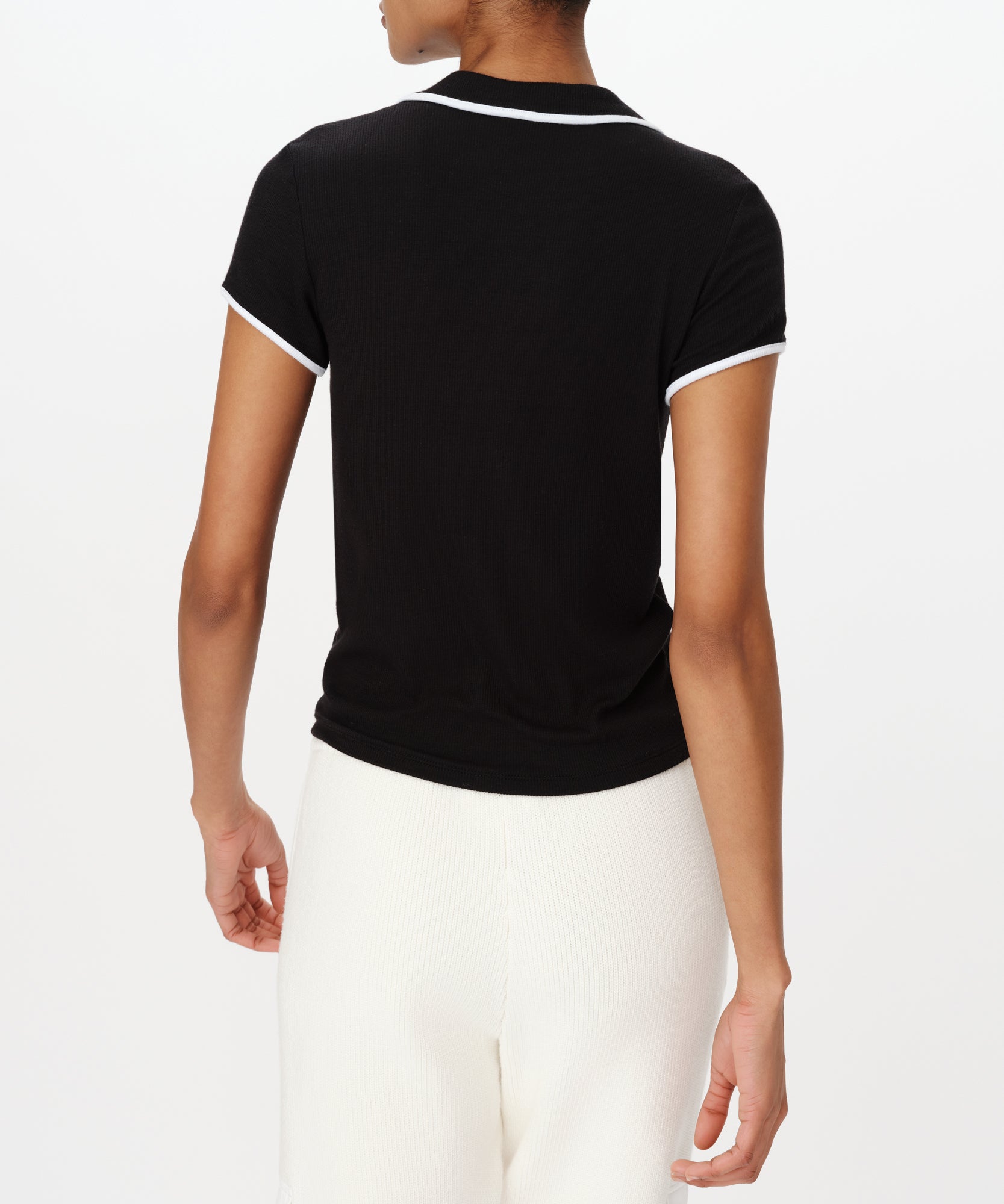 Black Modal Rib Short Sleeve Split Neck Top |  Women's Top by ATM Anthony Thomas Melillo