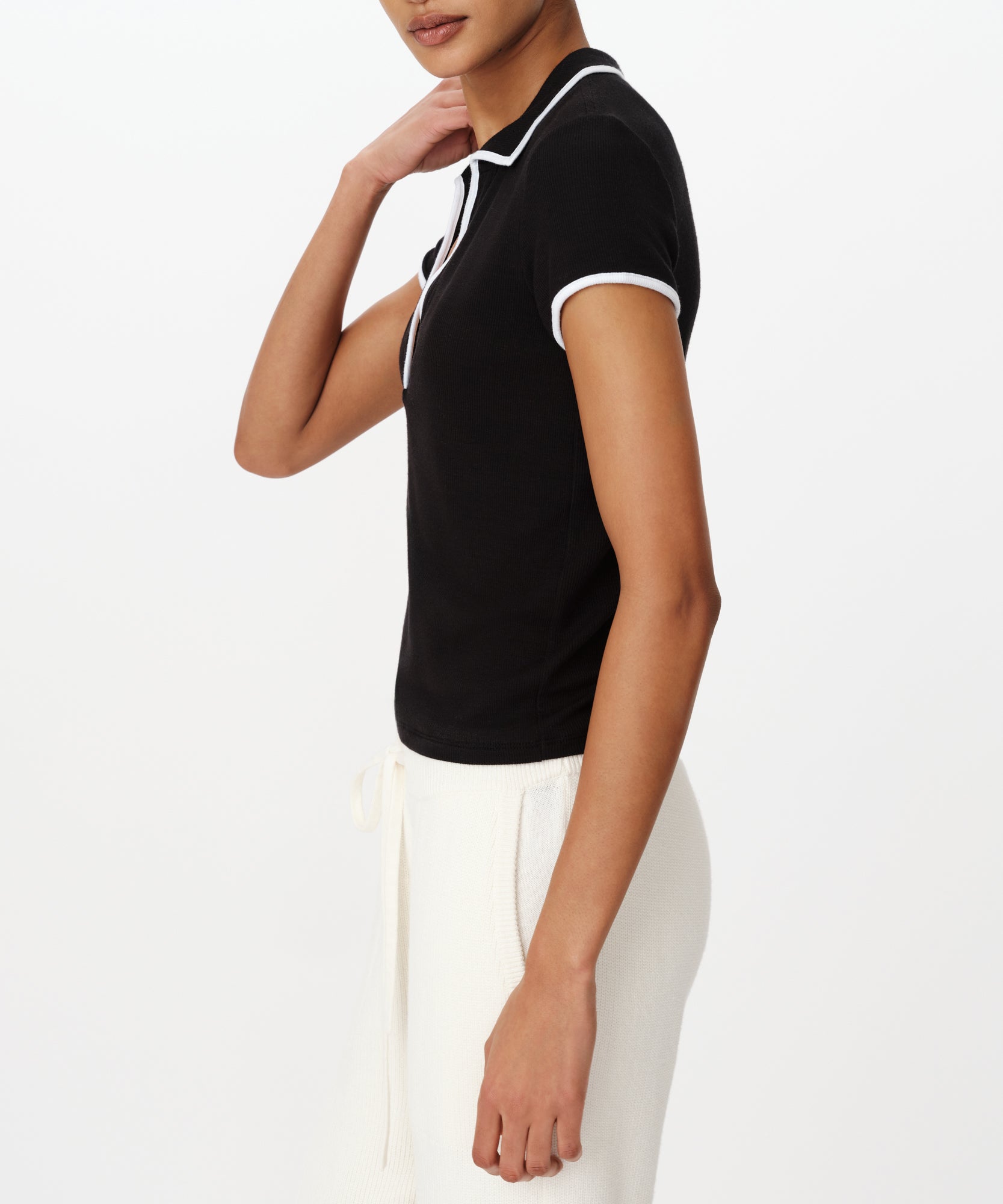 Black Modal Rib Short Sleeve Split Neck Top |  Women's Top by ATM Anthony Thomas Melillo