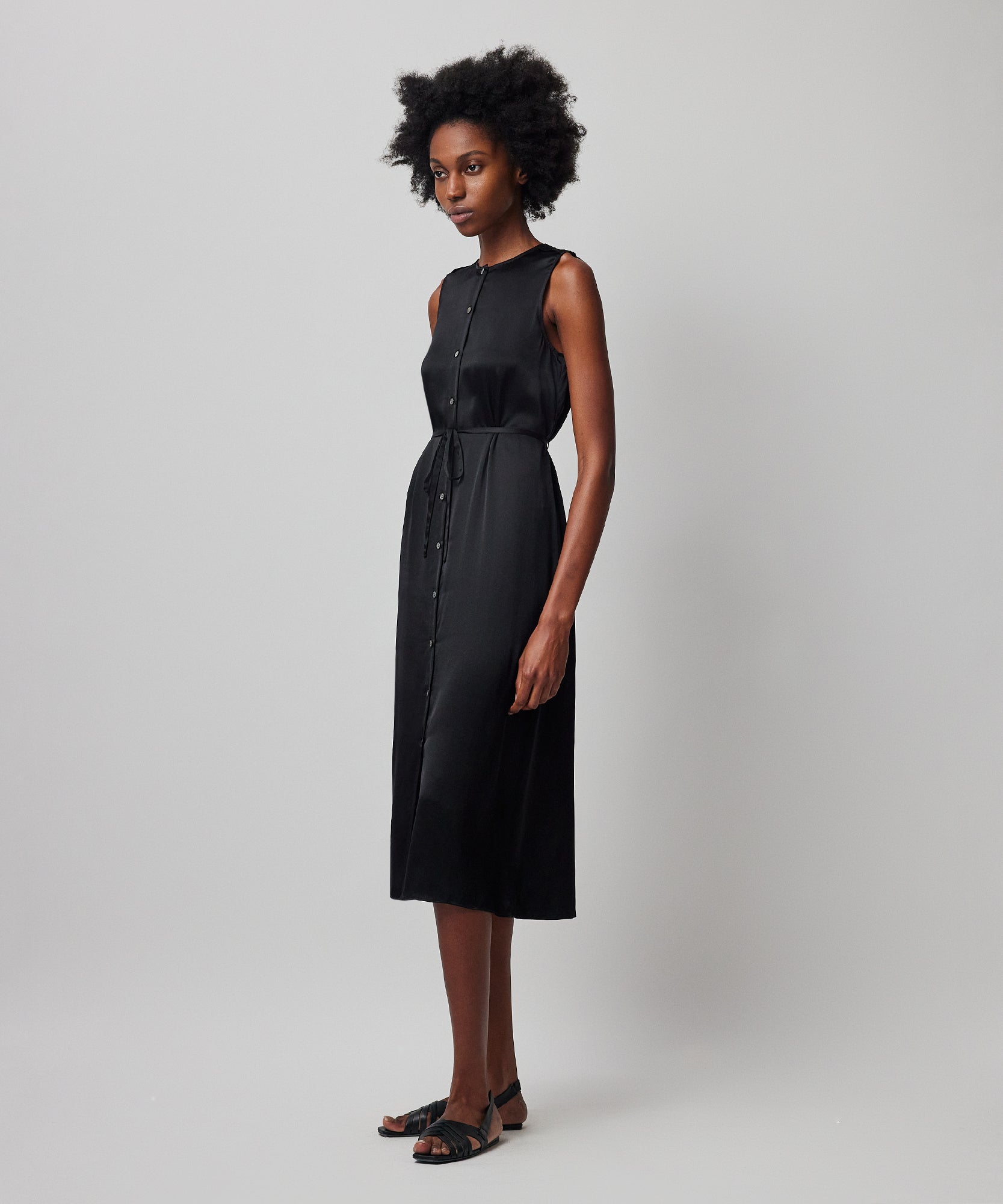 Silk Charmeuse Sleeveless Midi Dress - Black