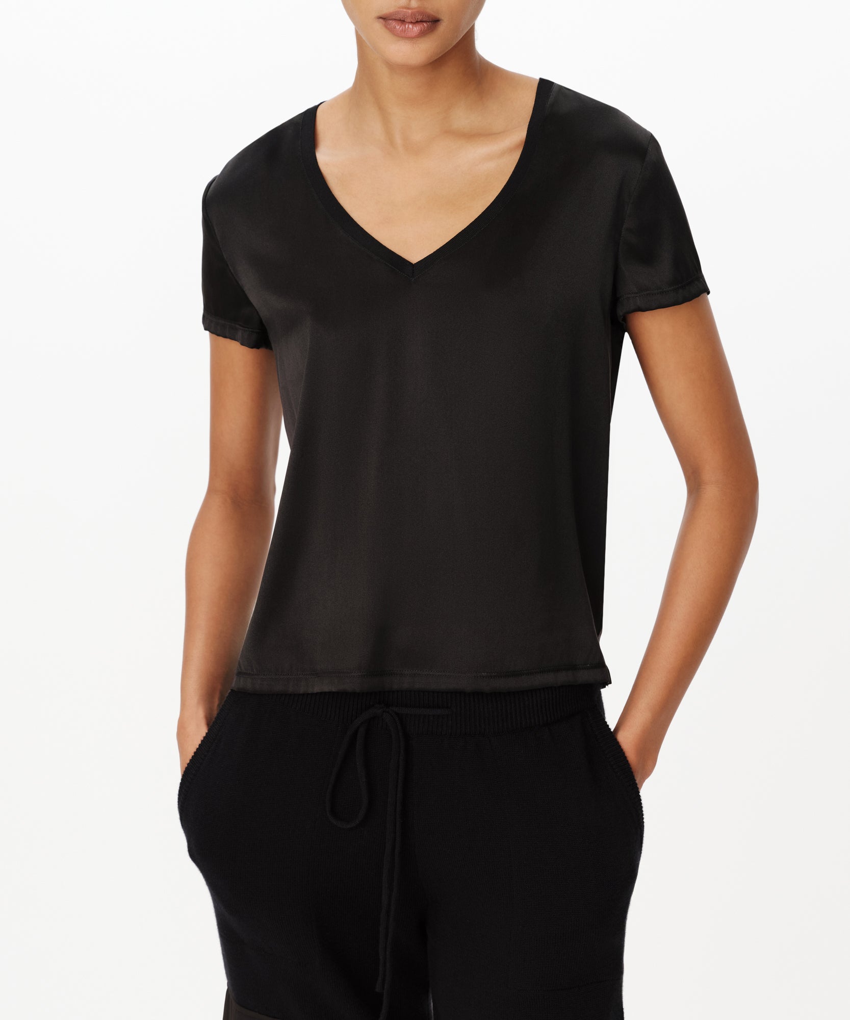 Black Stretch Charmeuse V-Neck Tee |  Women's Top by ATM Anthony Thomas Melillo
