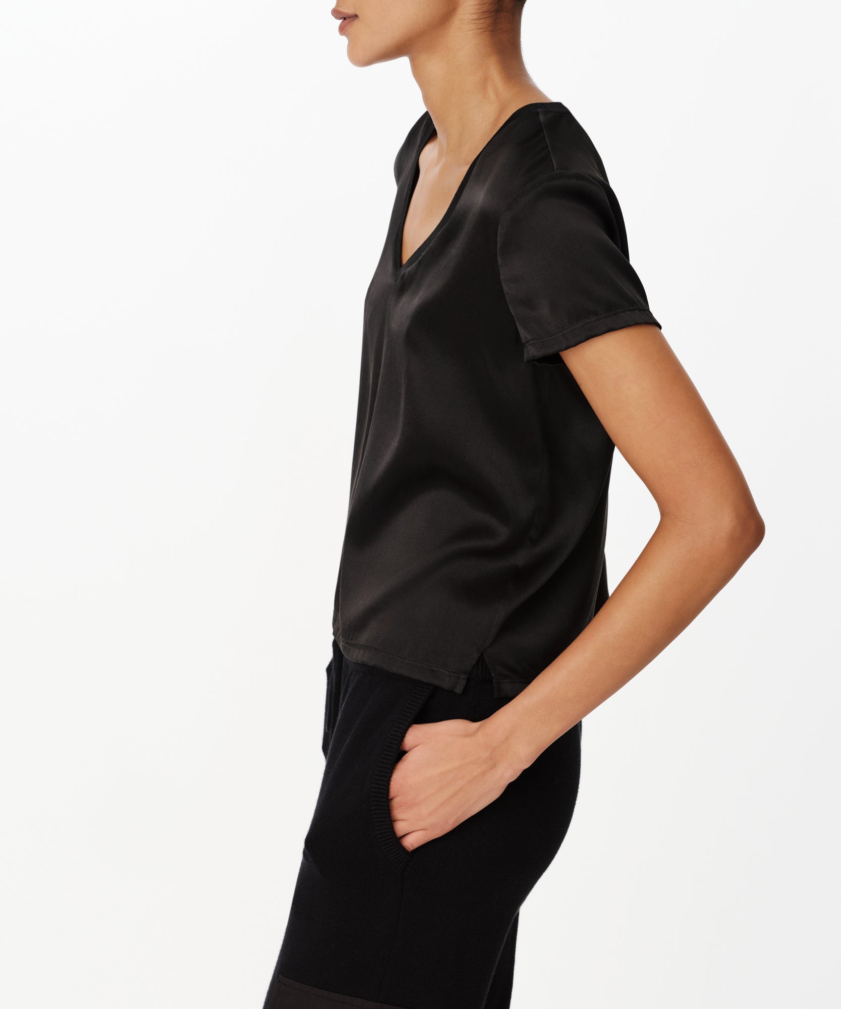 Black Stretch Charmeuse V-Neck Tee |  Women's Top by ATM Anthony Thomas Melillo