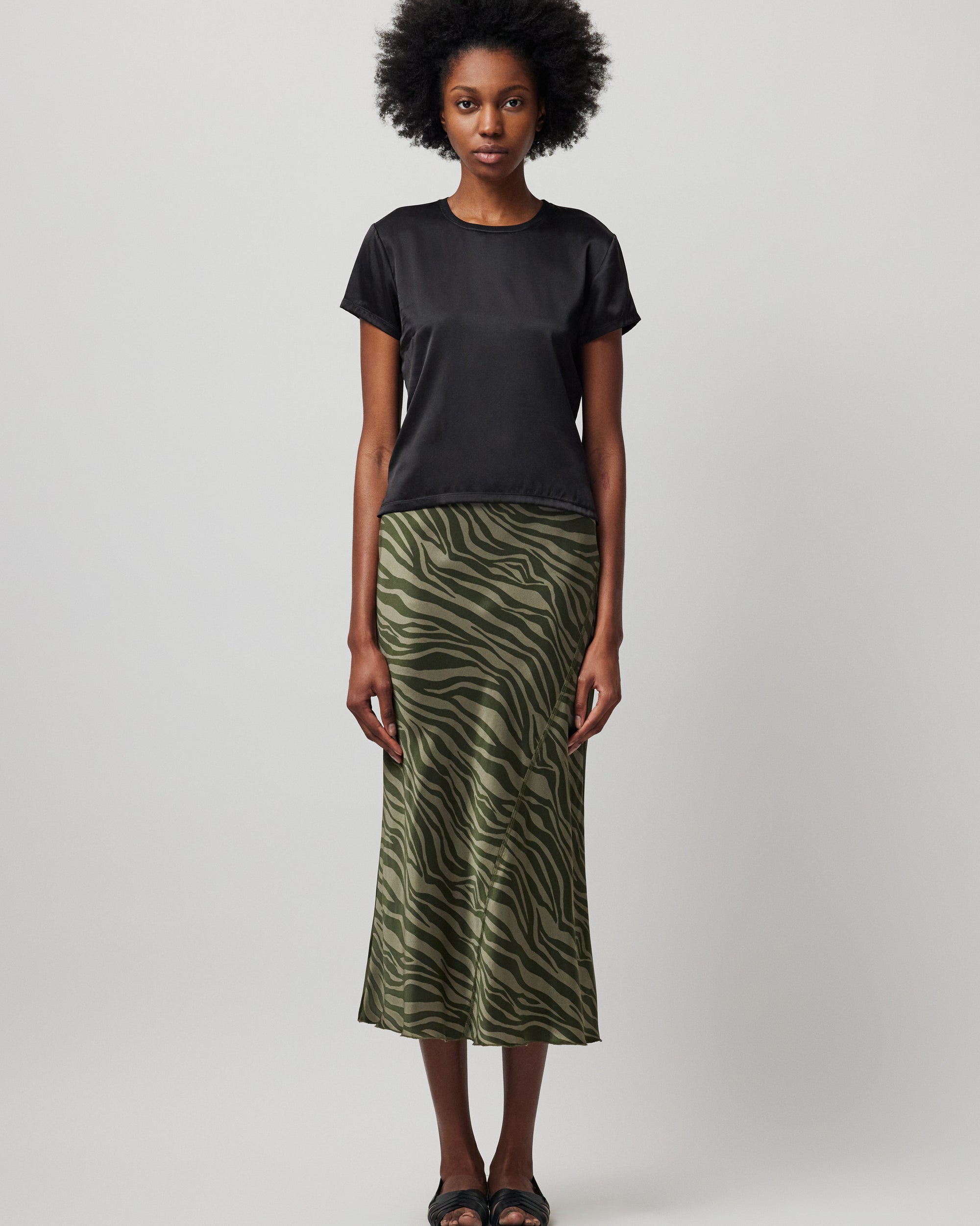 Stretch Satin Short Sleeve Tee - Black
