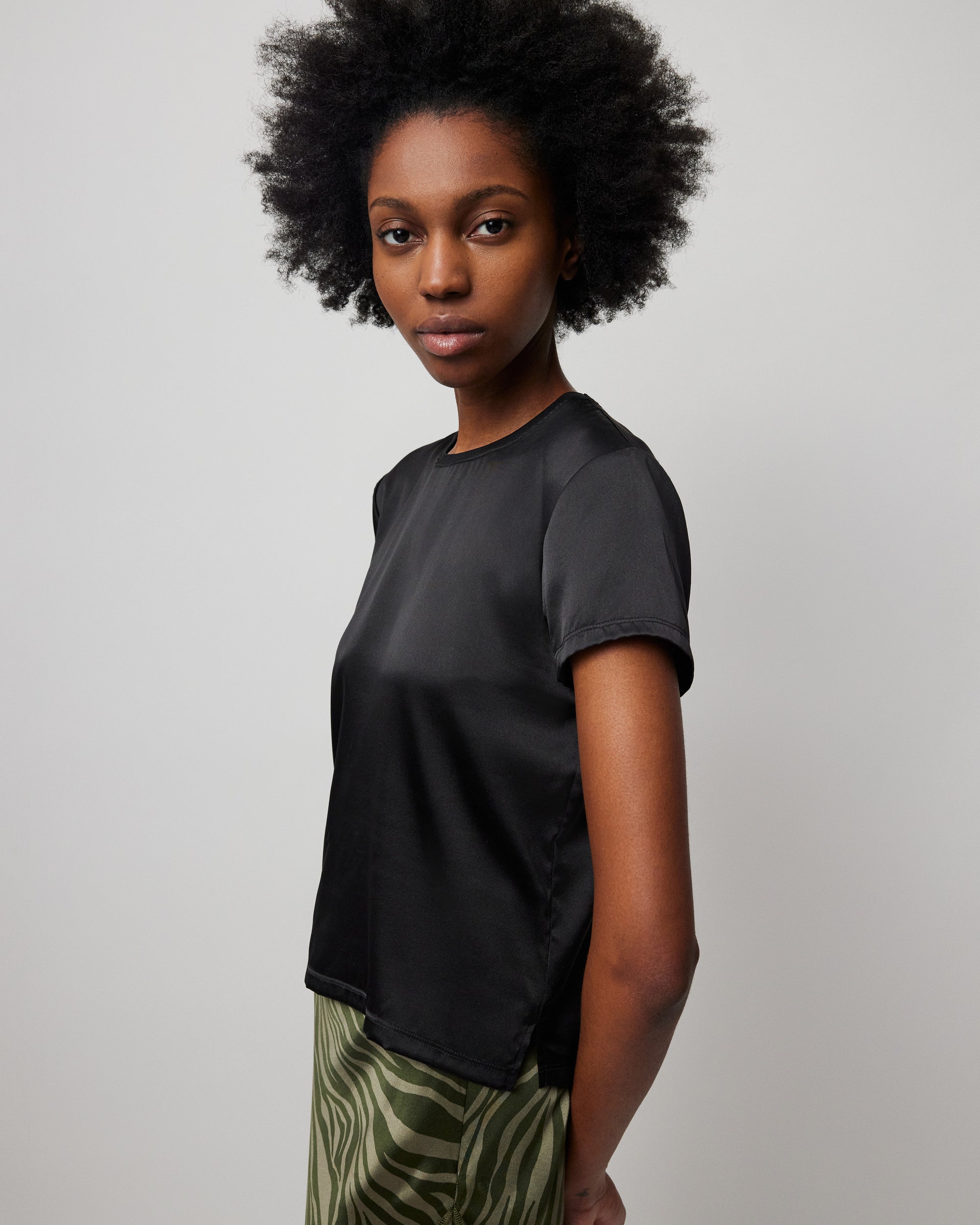 Stretch Satin Short Sleeve Tee - Black
