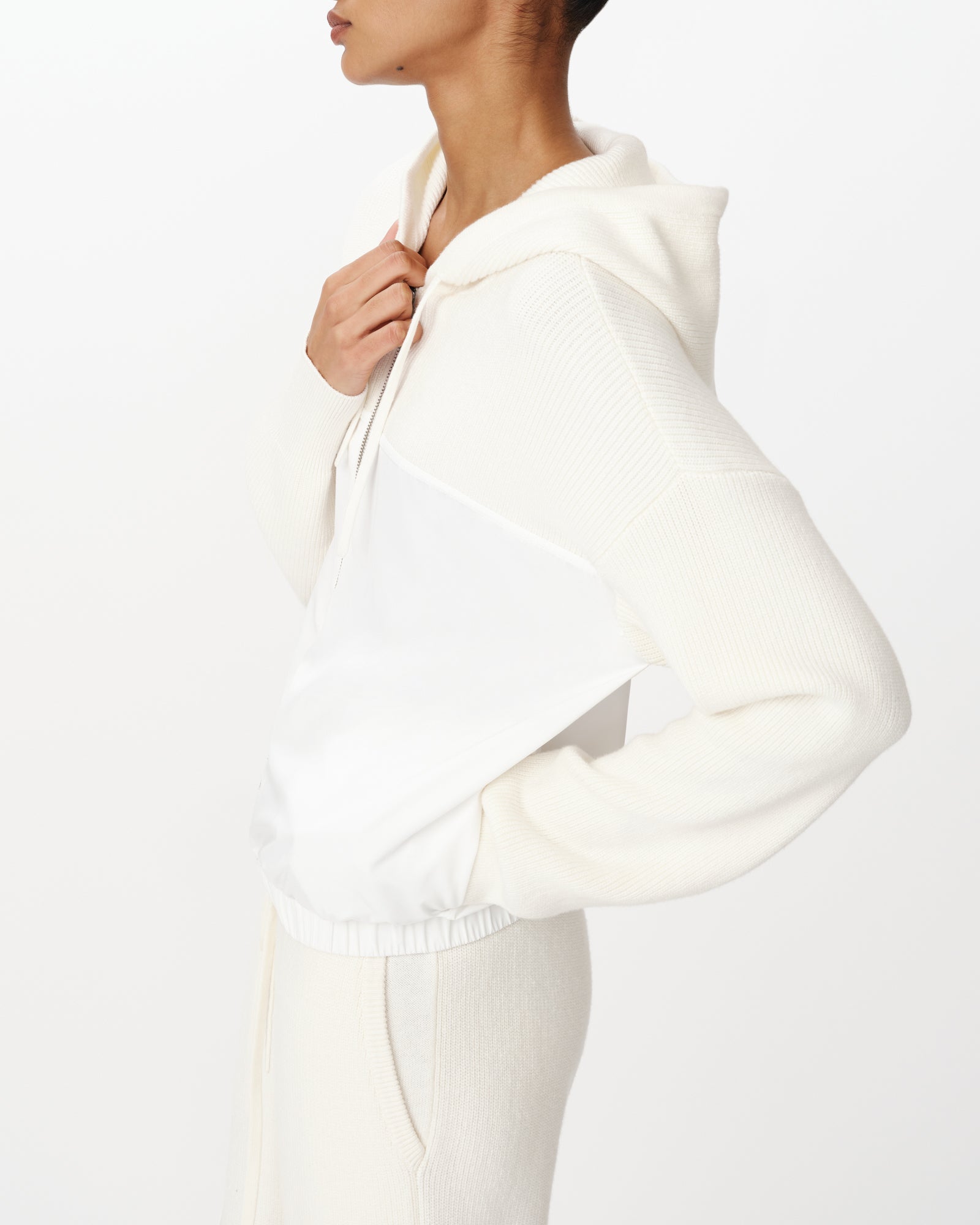 Chalk Cotton Cashmere Mixed Media Zip-Up Hoodie Sweater |  Women's Sweater by ATM Anthony Thomas Melillo