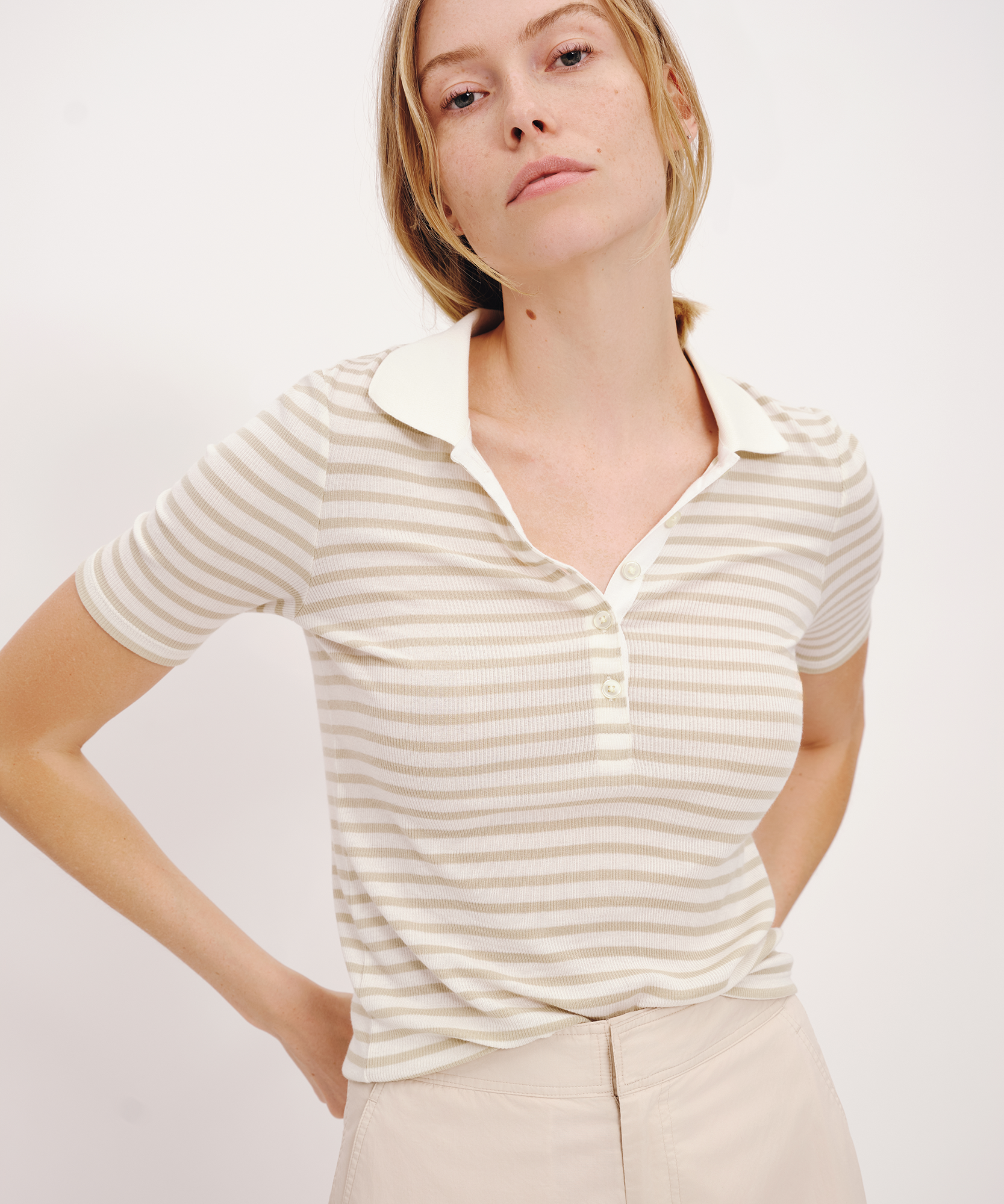 Modal Rib Stripe Short Sleeve Henley Tee |  Women's Short Sleeve T-Shirt by ATM Anthony Thomas Melillo