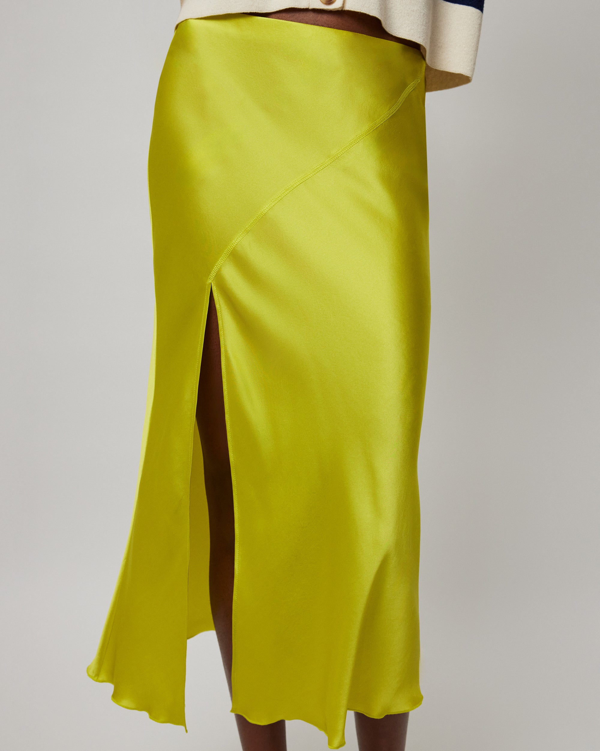 Chartreuse Yellow Silk Charmeuse Slit Detail Midi Skirt |  Women's Skirts by ATM Anthony Thomas Melillo