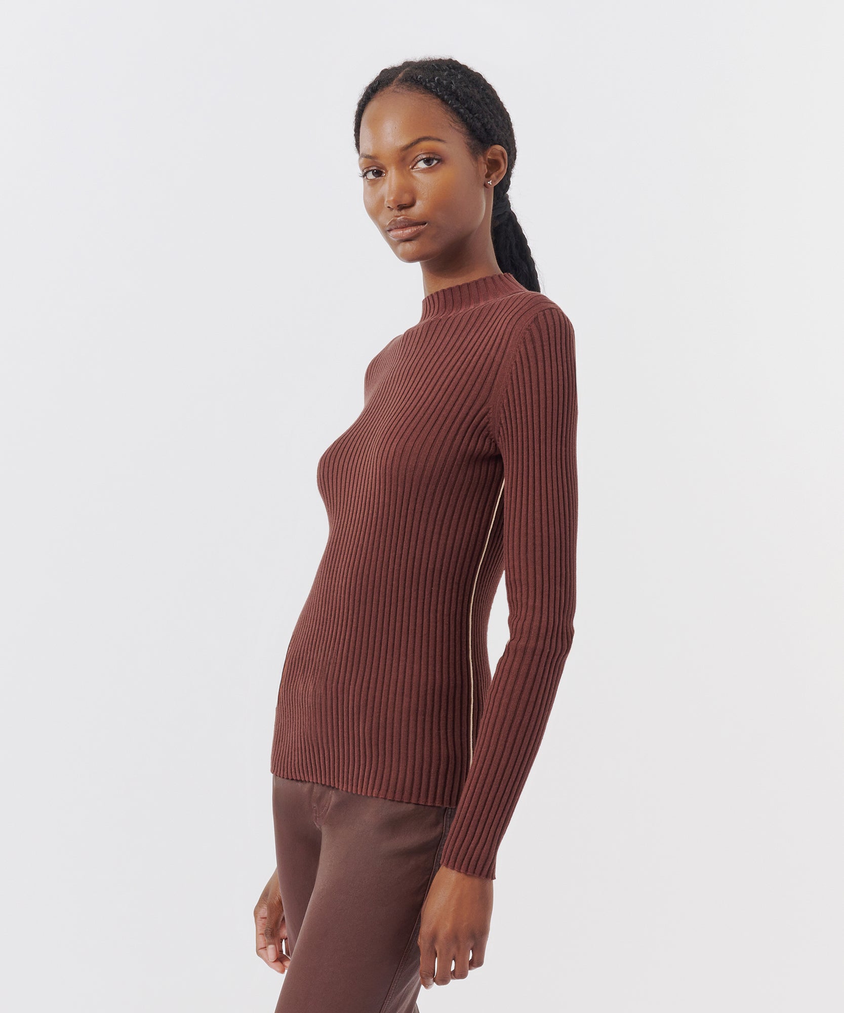 Silk Cotton Blend Long Sleeve Mockneck Sweater - Chocolate