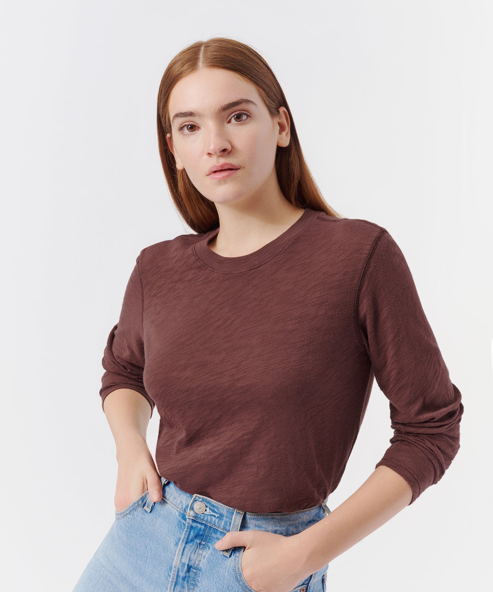 Slub Jersey Long Sleeve Crop Tee - Chocolate