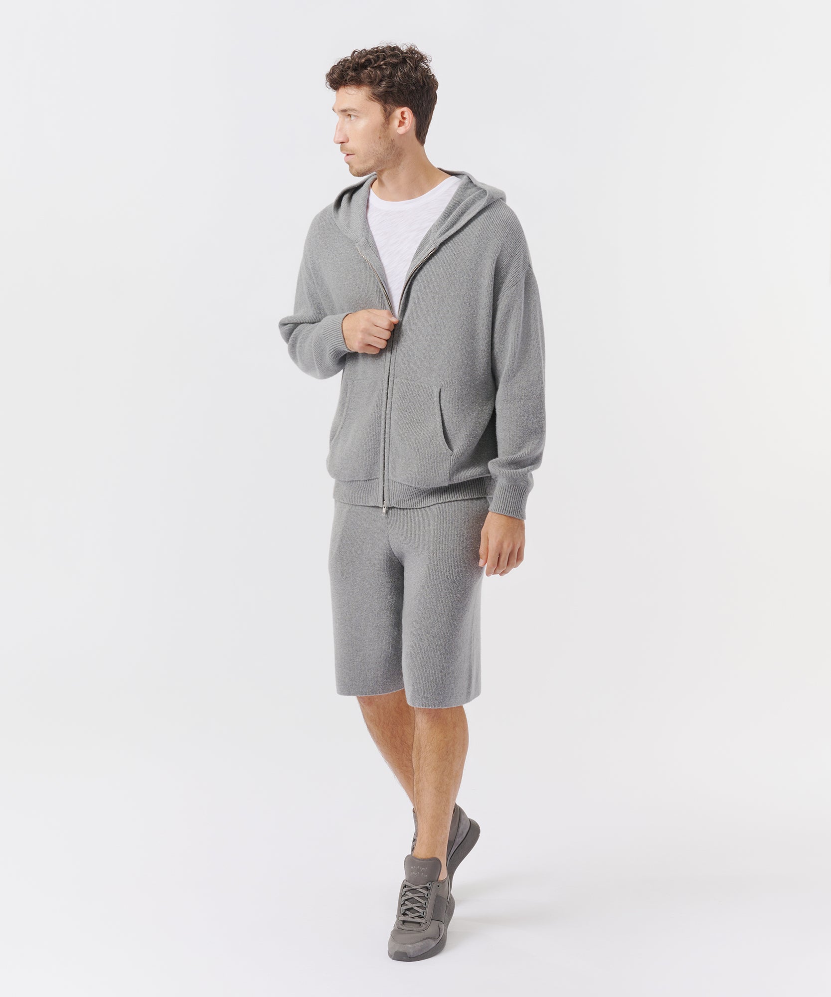 Merino Wool Blend Zip-Up Hoodie - Cloud Grey