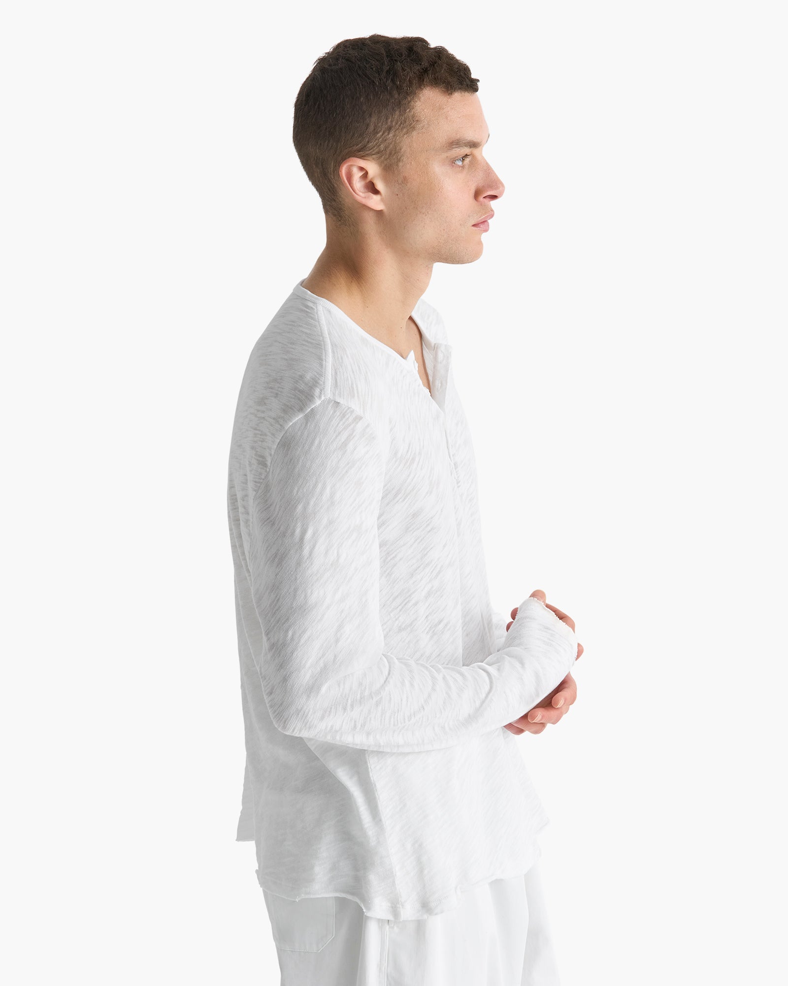 Slub Jersey Destroyed Wash Henley - White