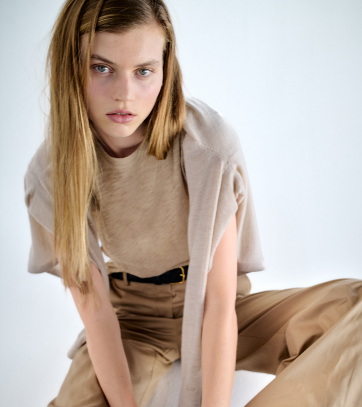 Model wearing tan ATM sweater