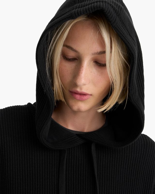 Cotton Waffle Pullover Hoodie - Black