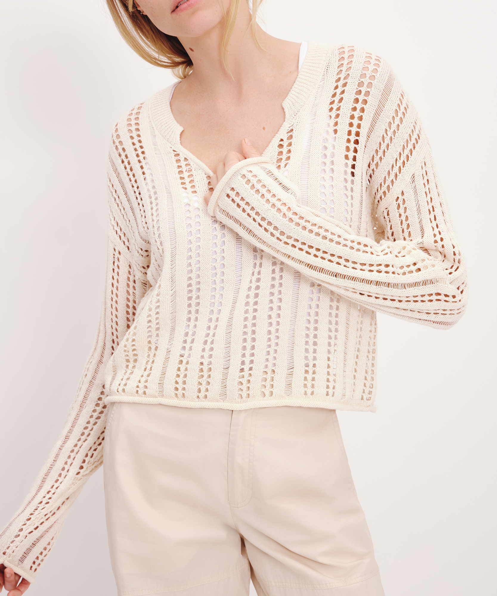 Cotton Linen Blend Open Knit V-Neck Sweater |  Women's Sweater by ATM Anthony Thomas Melillo