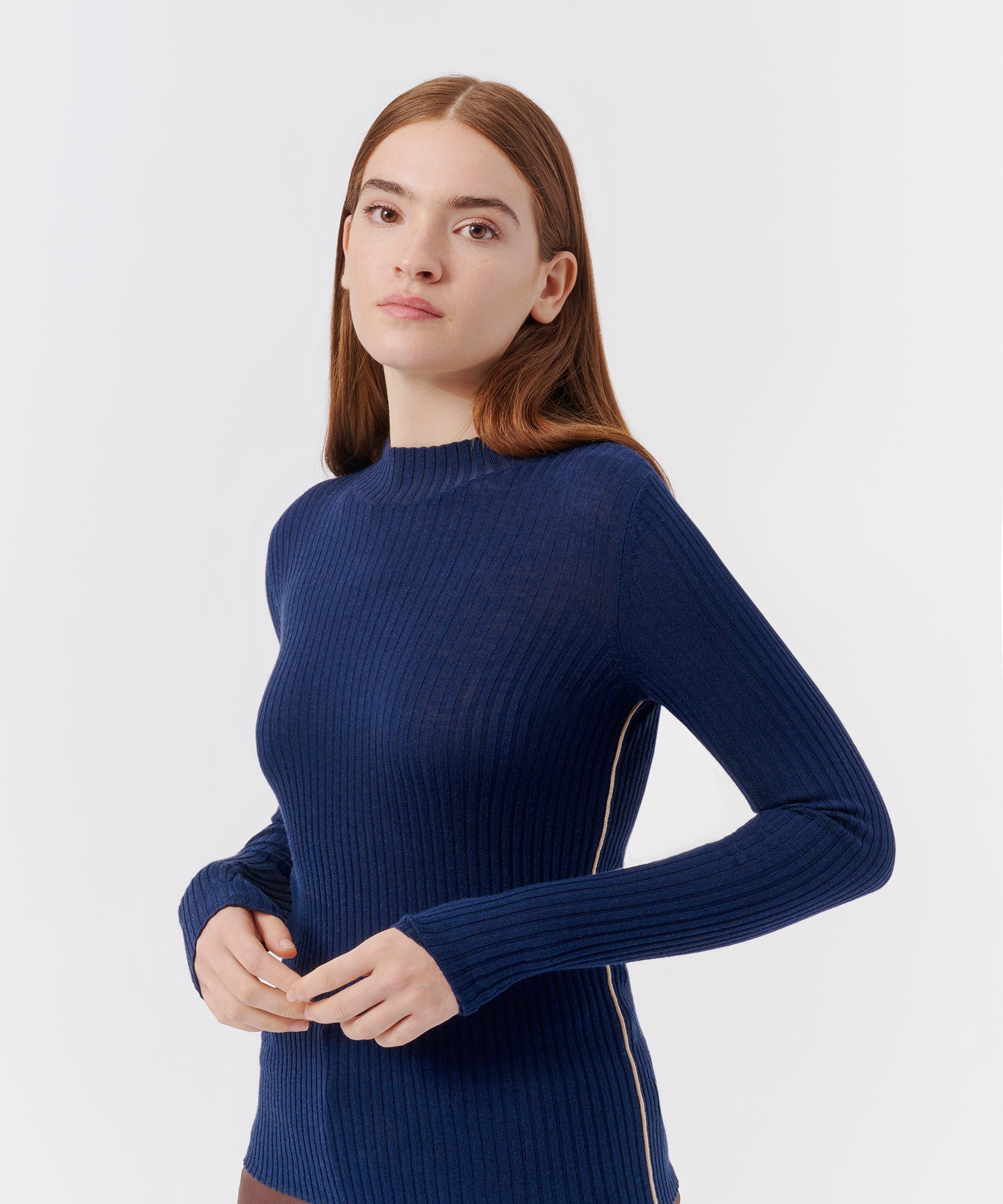 Silk Cotton Blend Long Sleeve Mock Neck Sweater - Navy