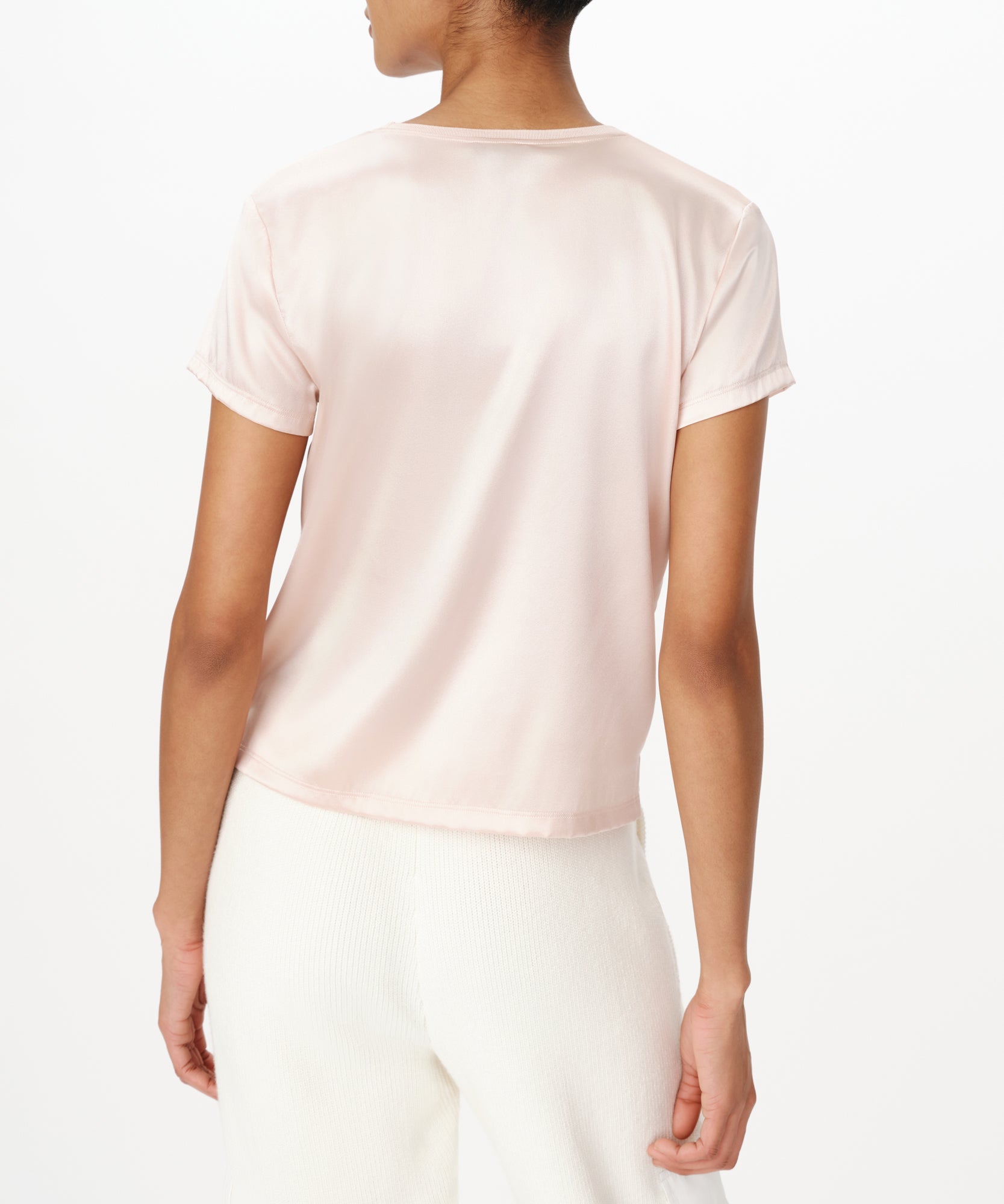 Oyster Pink Stretch Charmeuse Crew Neck Tee |  Women's Top by ATM Anthony Thomas Melillo