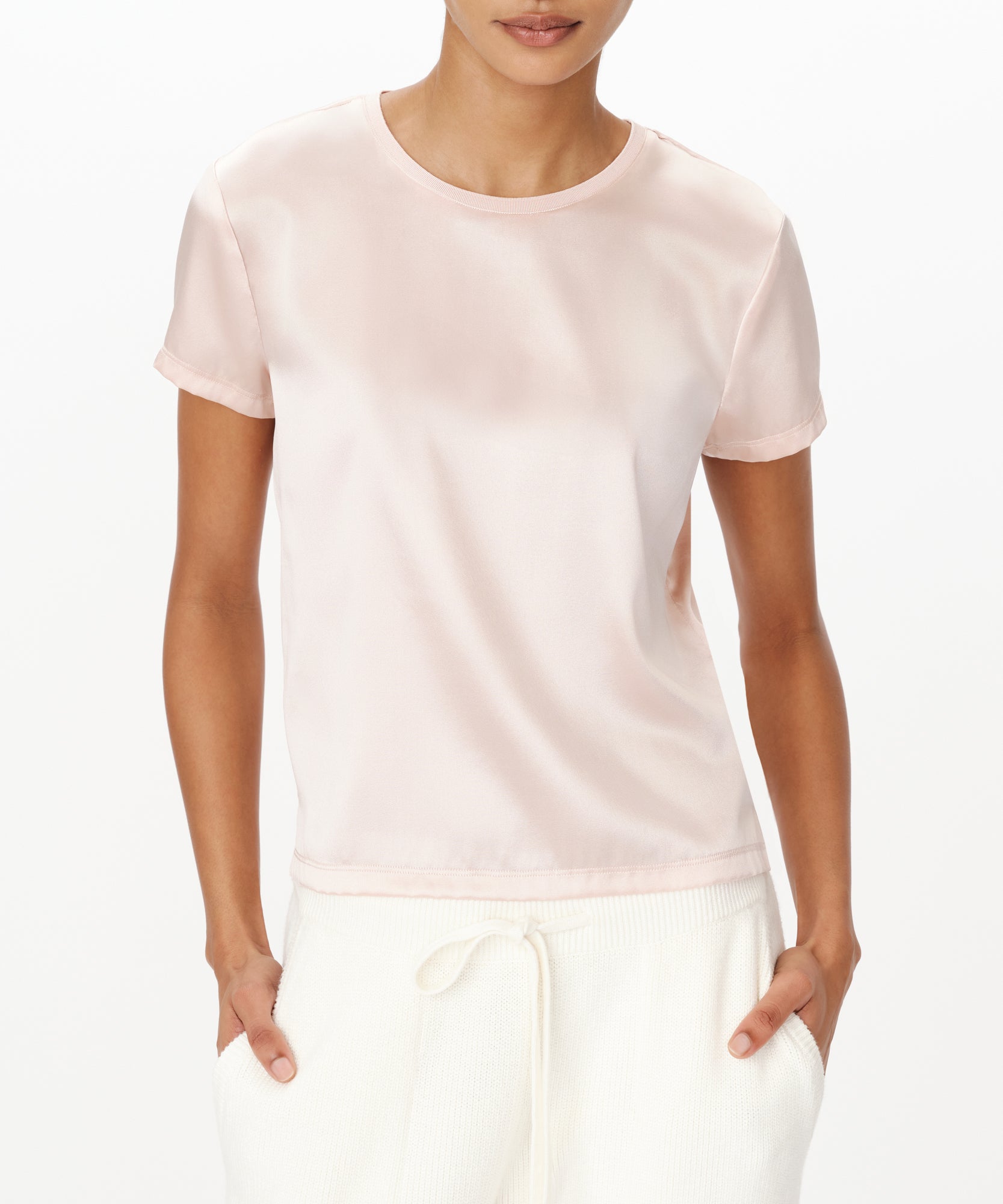 Oyster Pink Stretch Charmeuse Crew Neck Tee |  Women's Top by ATM Anthony Thomas Melillo