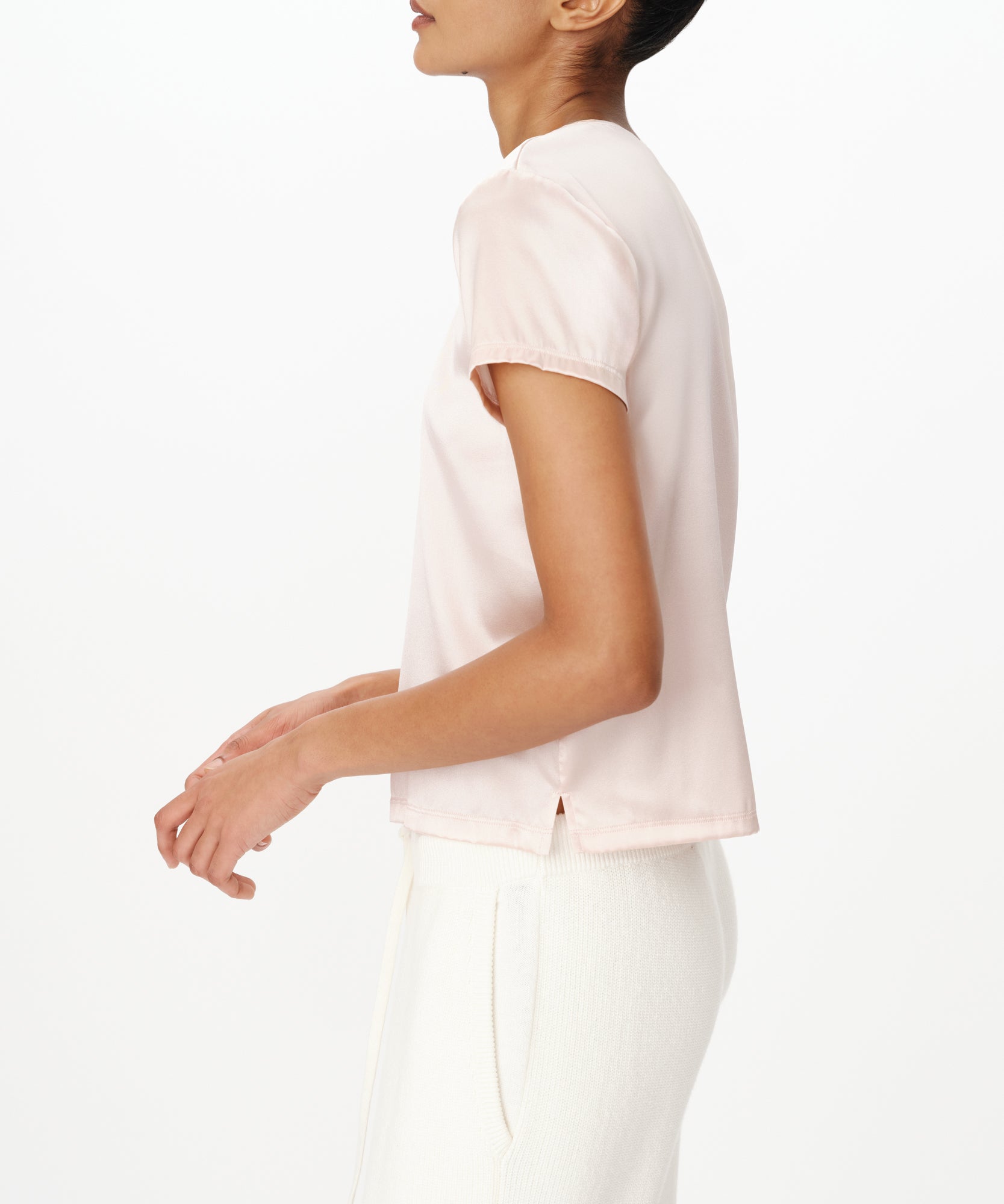 Oyster Pink Stretch Charmeuse Crew Neck Tee |  Women's Top by ATM Anthony Thomas Melillo